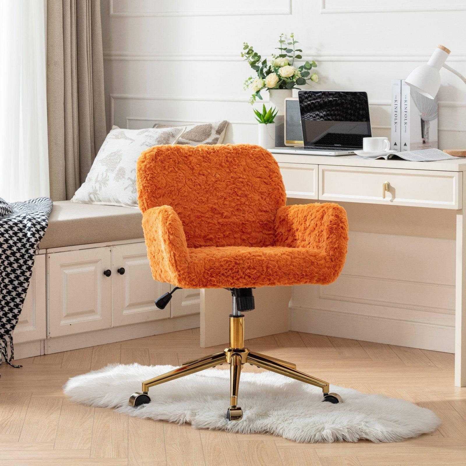 A&A Furniture Adjustable Swivel Office Chair with Golden Base, Plush Orange Upholstered Vanity Chair - Platinum-Level Office Chairs