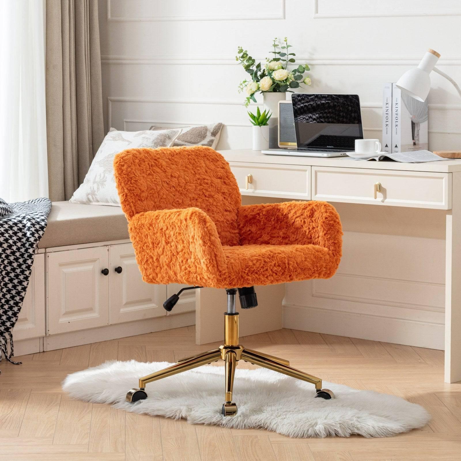A&A Furniture Adjustable Swivel Office Chair with Golden Base, Plush Orange Upholstered Vanity Chair - Platinum-Level Office Chairs