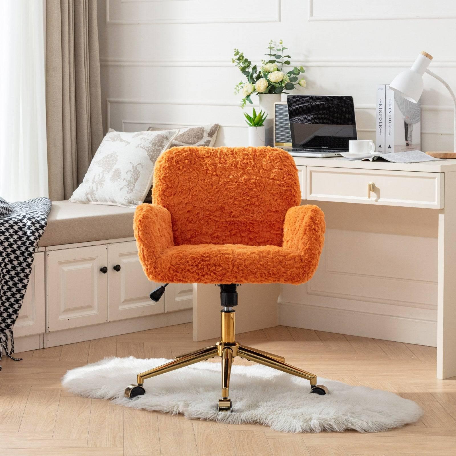 A&A Furniture Adjustable Swivel Office Chair with Golden Base, Plush Orange Upholstered Vanity Chair - Platinum-Level Office Chairs