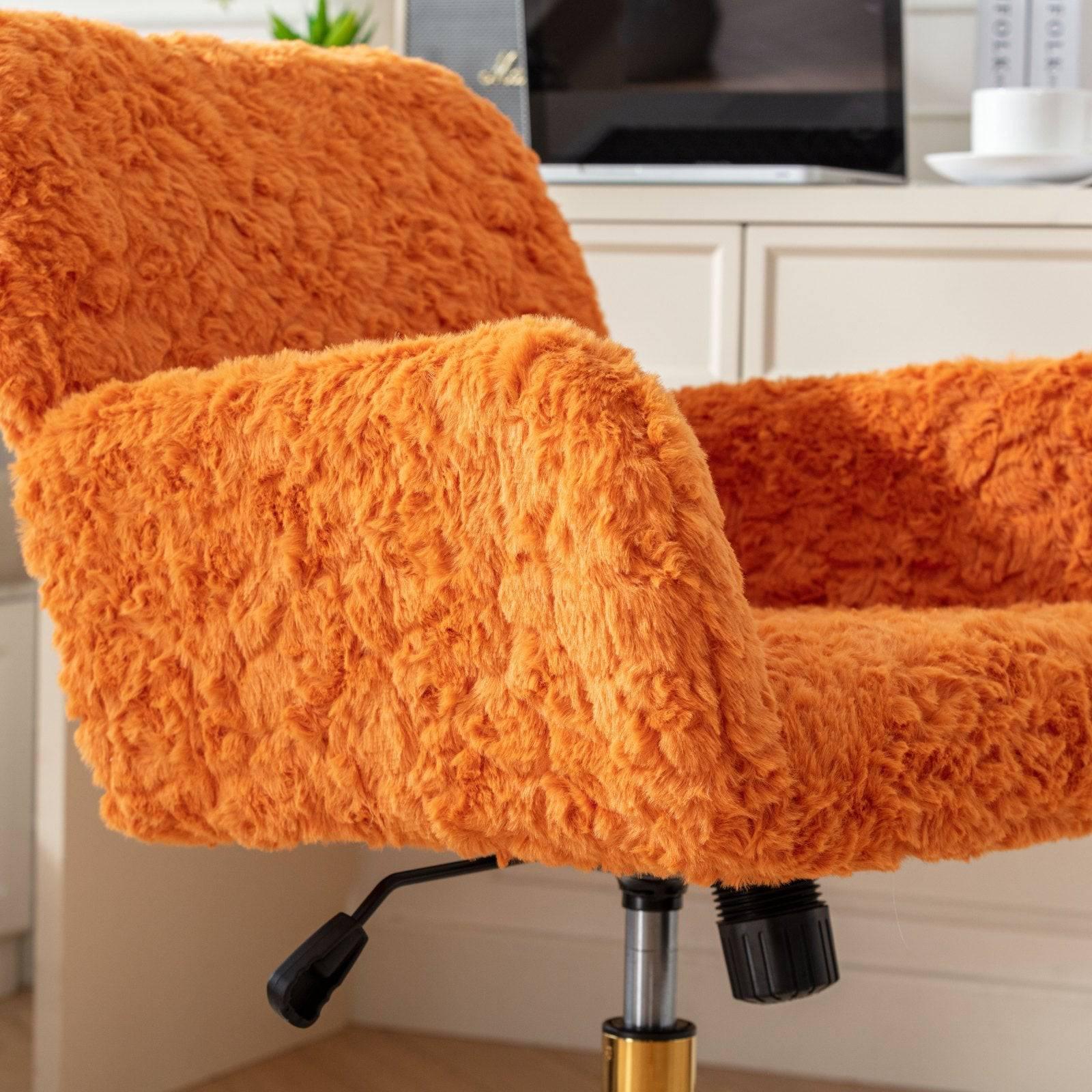 A&A Furniture Adjustable Swivel Office Chair with Golden Base, Plush Orange Upholstered Vanity Chair - Platinum-Level Office Chairs