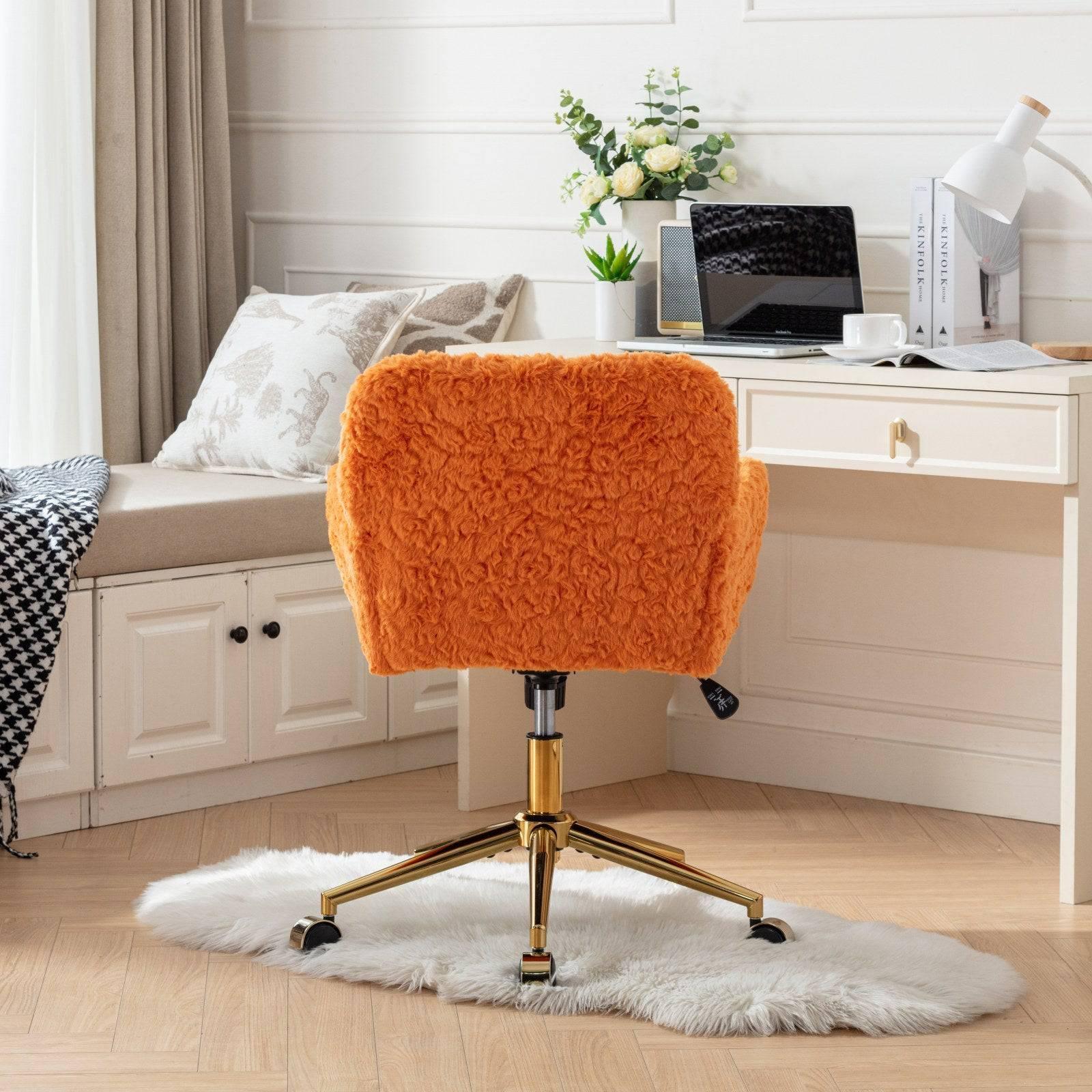 A&A Furniture Adjustable Swivel Office Chair with Golden Base, Plush Orange Upholstered Vanity Chair - Platinum-Level Office Chairs