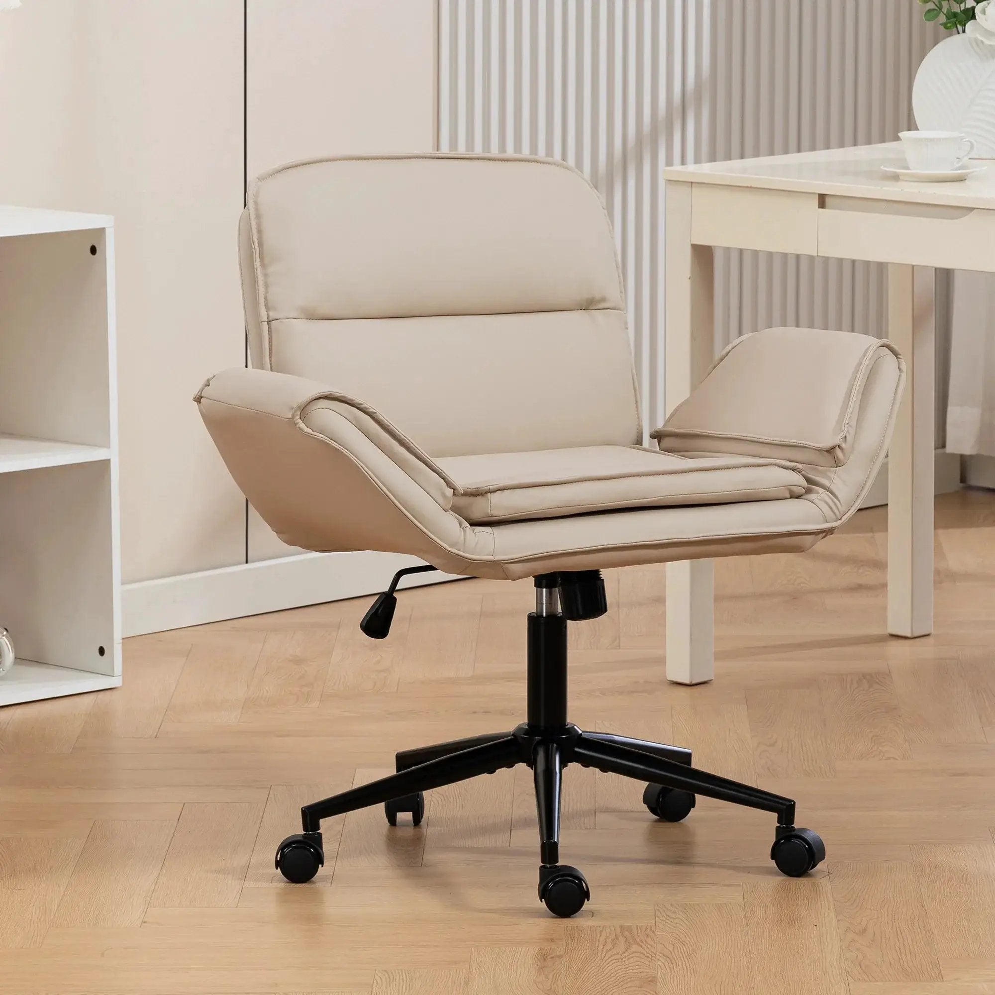 Criss Cross Ergonomic Swivel Desk Chair With 5 Gear Armrests Beige PU by Platinum-Level Office Chairs