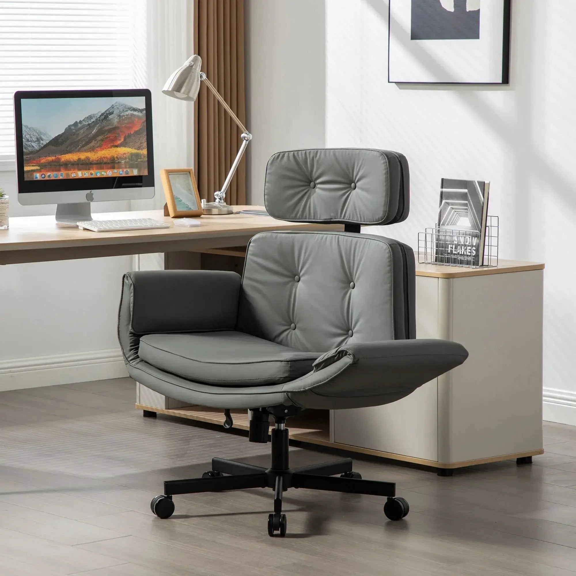 Modern Platinum-Level Office Chairs criss-cross PU vanity chair with 6 gear adjustable armrests and wheels for versatile seating.