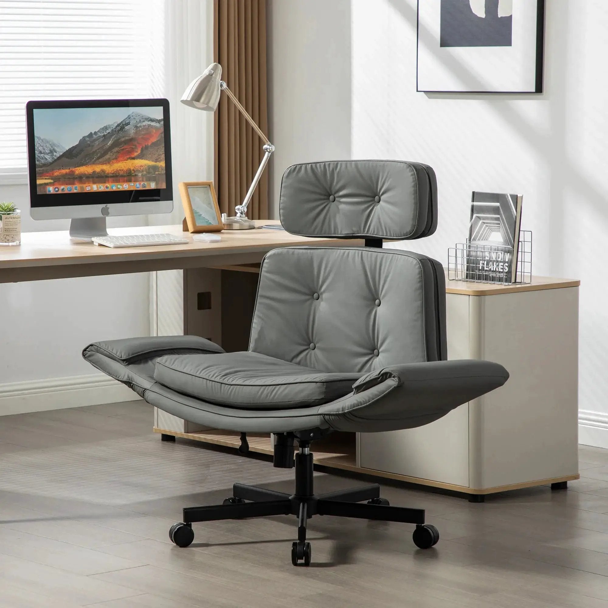 Modern Platinum-Level Office Chairs criss-cross PU vanity chair with 6 gear adjustable armrests and wheels for versatile seating.