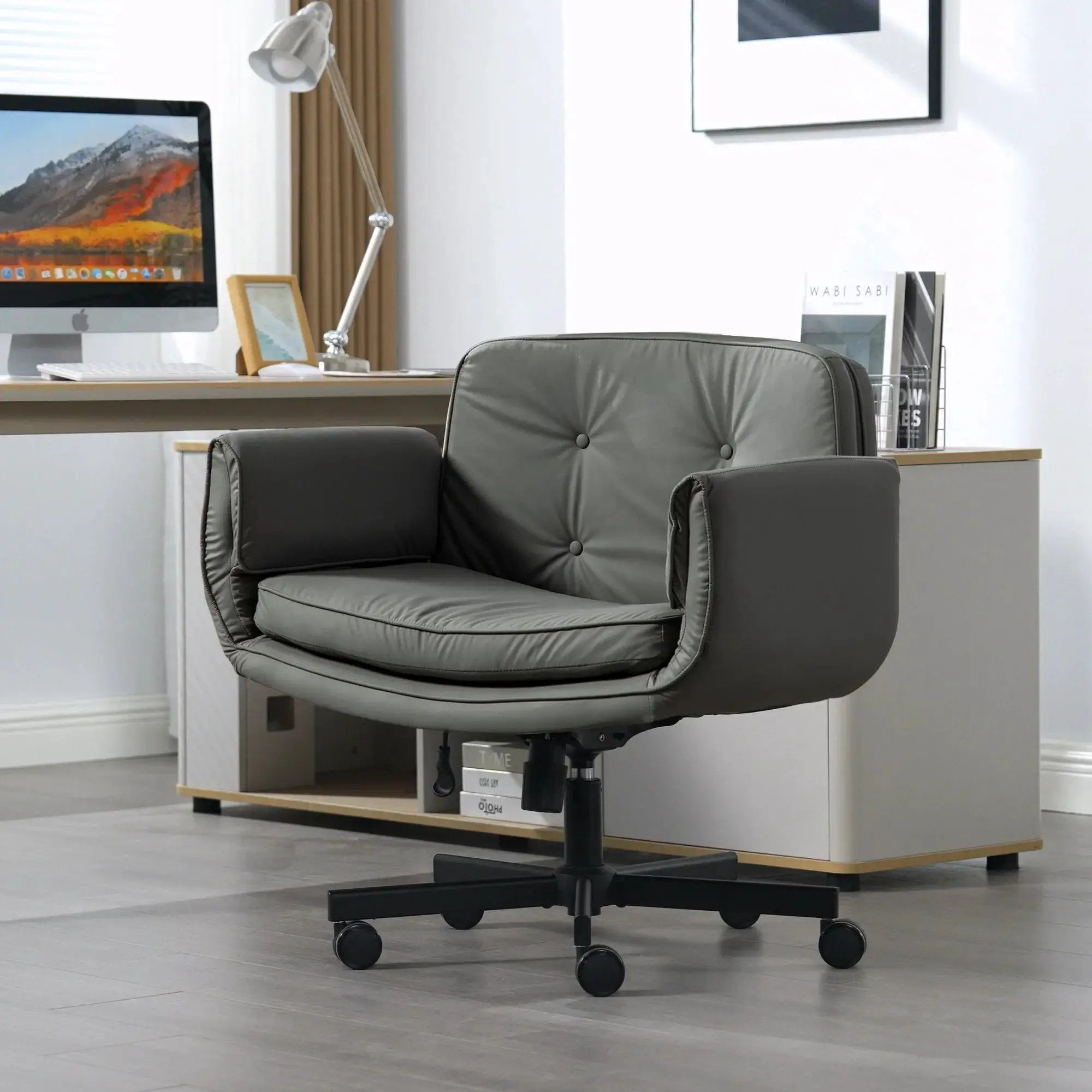 Modern Platinum-Level Office Chairs criss-cross PU vanity chair with 6 gear adjustable armrests and wheels, designed for comfort and style.