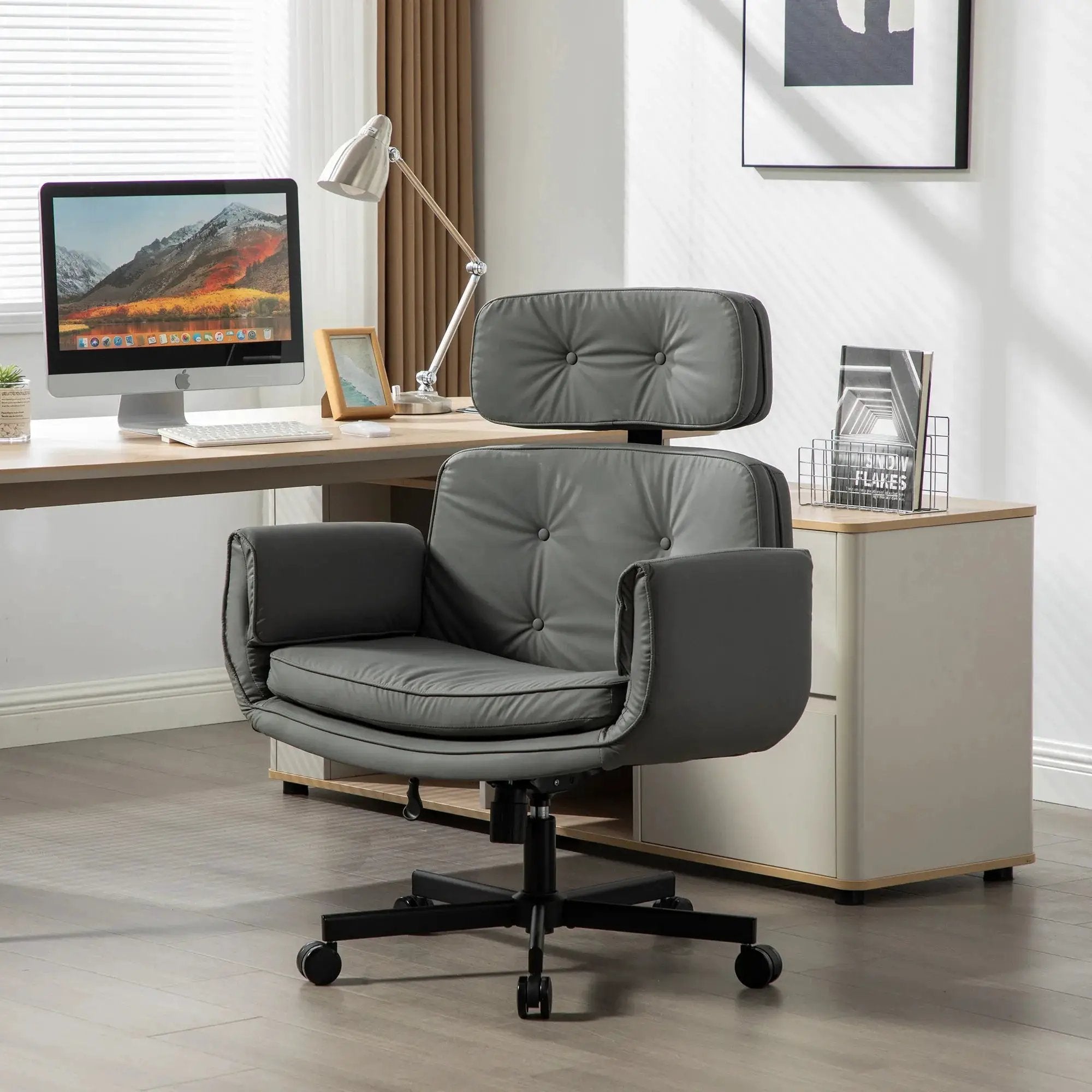 Modern Platinum-Level Office Chairs criss-cross PU vanity chair with 6 gear adjustable armrests and wheels for comfort and style.