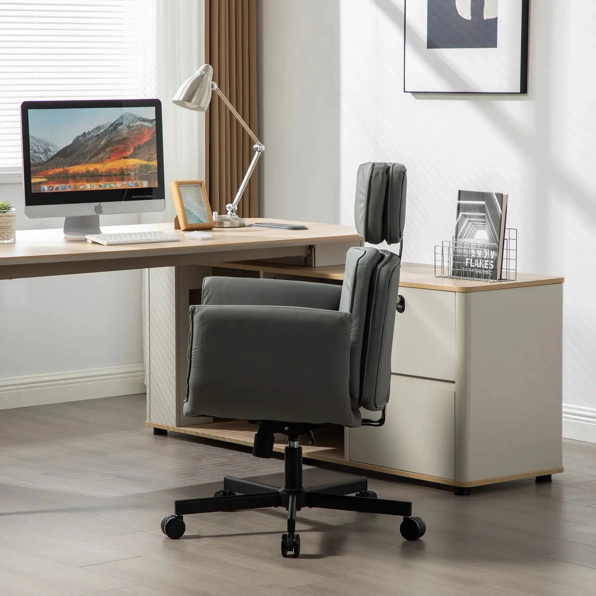 Modern Platinum-Level Office Chairs criss-cross PU vanity chair with 6 gear adjustable armrests and wheels, stylish and functional.