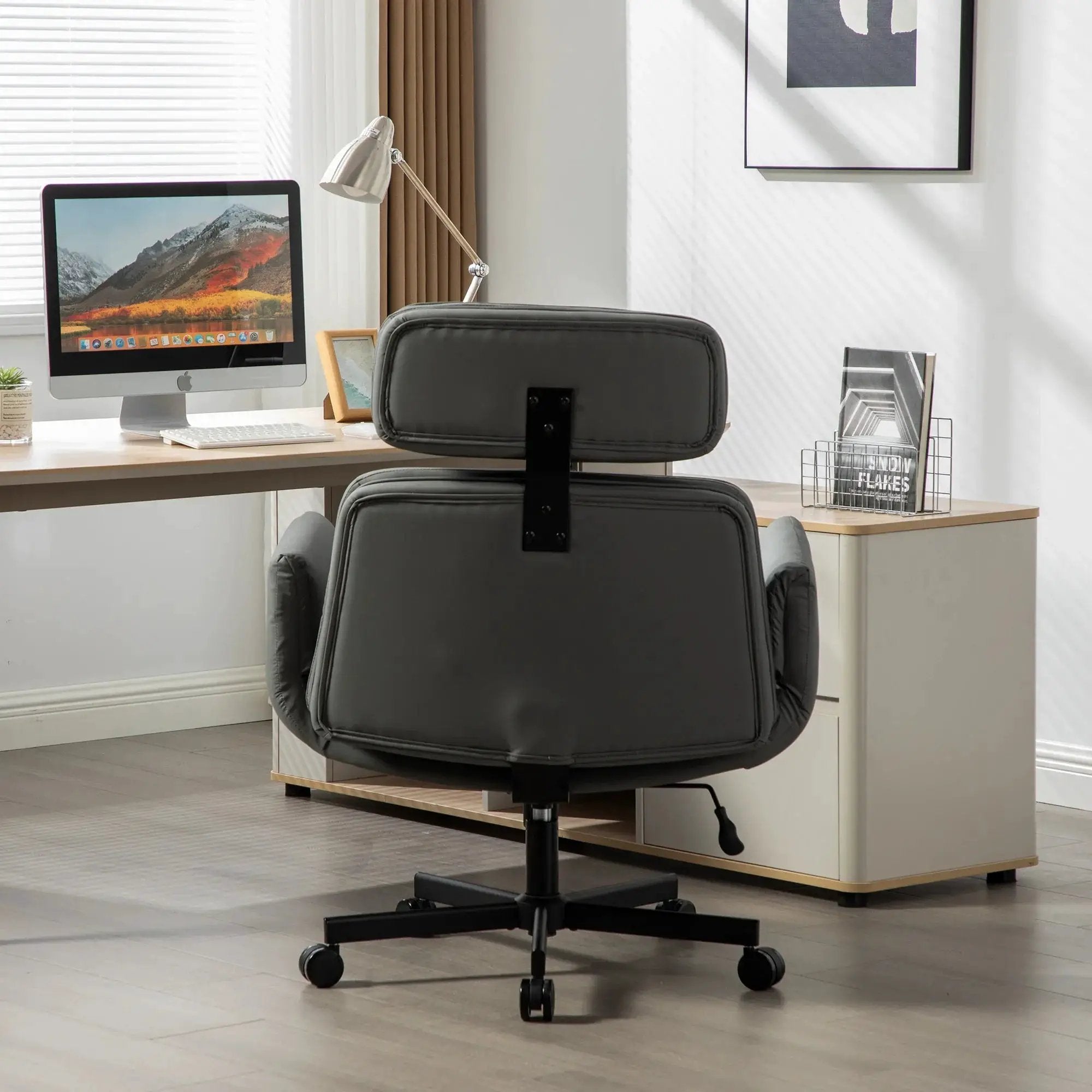 Modern Platinum-Level Office Chairs Criss Cross PU Vanity Chair with 6 gear adjustable armrests and wheels for comfort and style.