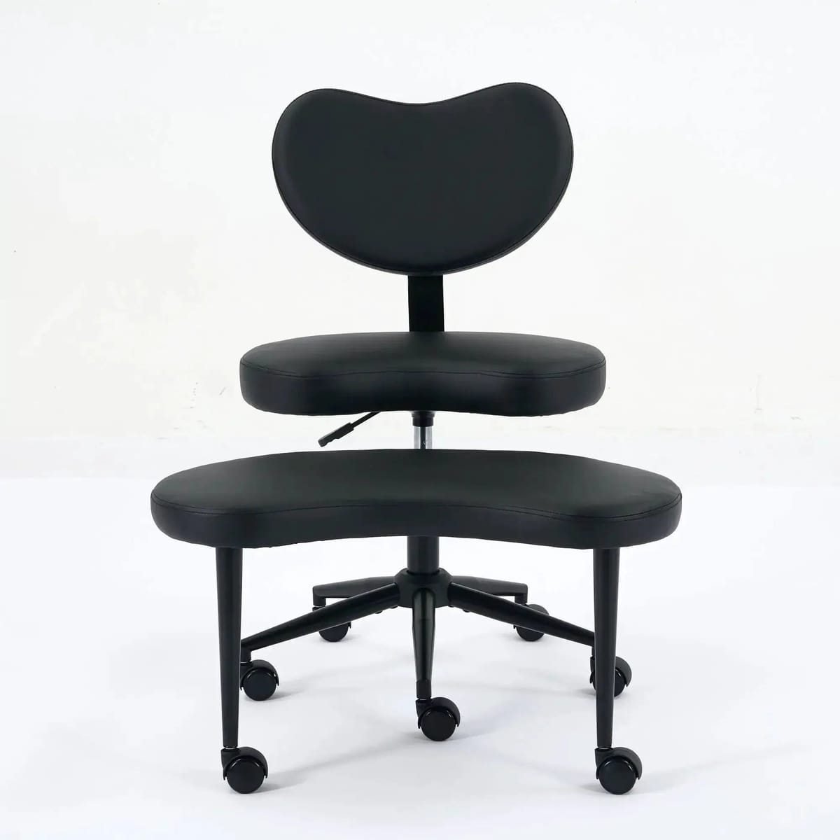 Plus size meditation chair with wheels, cross-legged design for ADHD, modern platinum-level office chair on a neutral background.