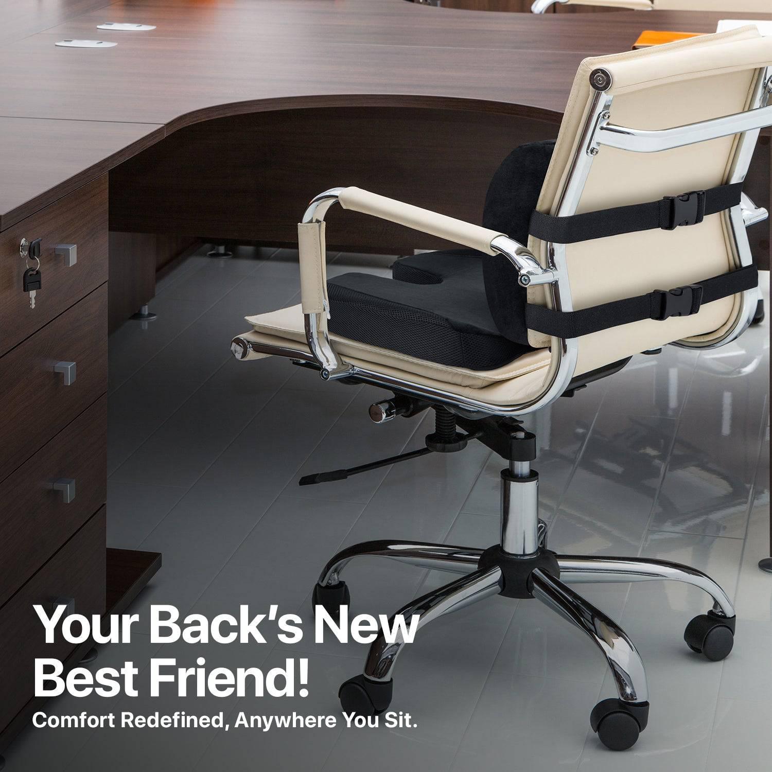Platinum-Level Comfortable Ergonomic Memory Foam Lumbar cushion enhances support for lasting comfort at your desk.