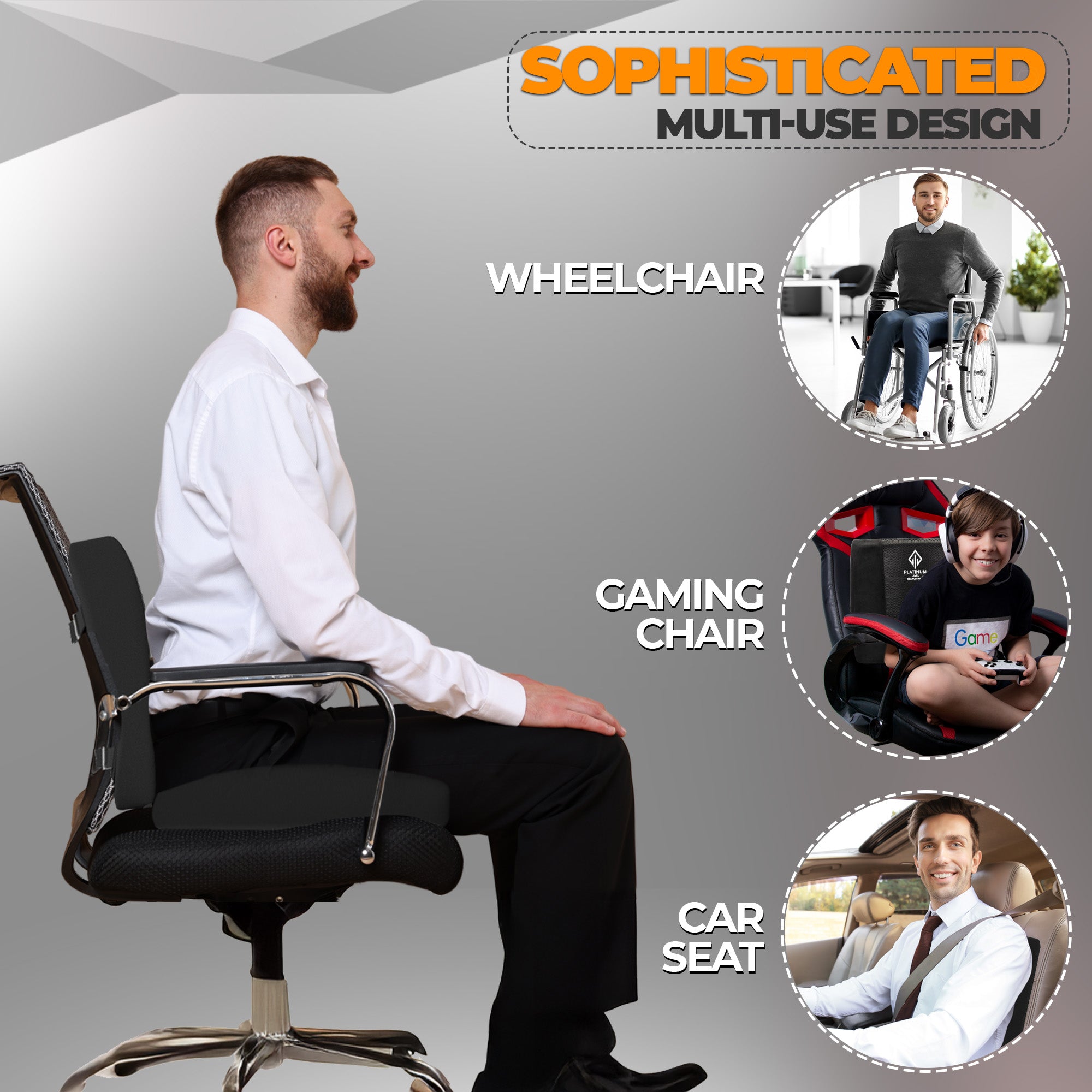 Platinum-Level Comfortable Ergonomic Memory Foam Lumbar cushions designed for wheelchairs, gaming chairs, and car seats.