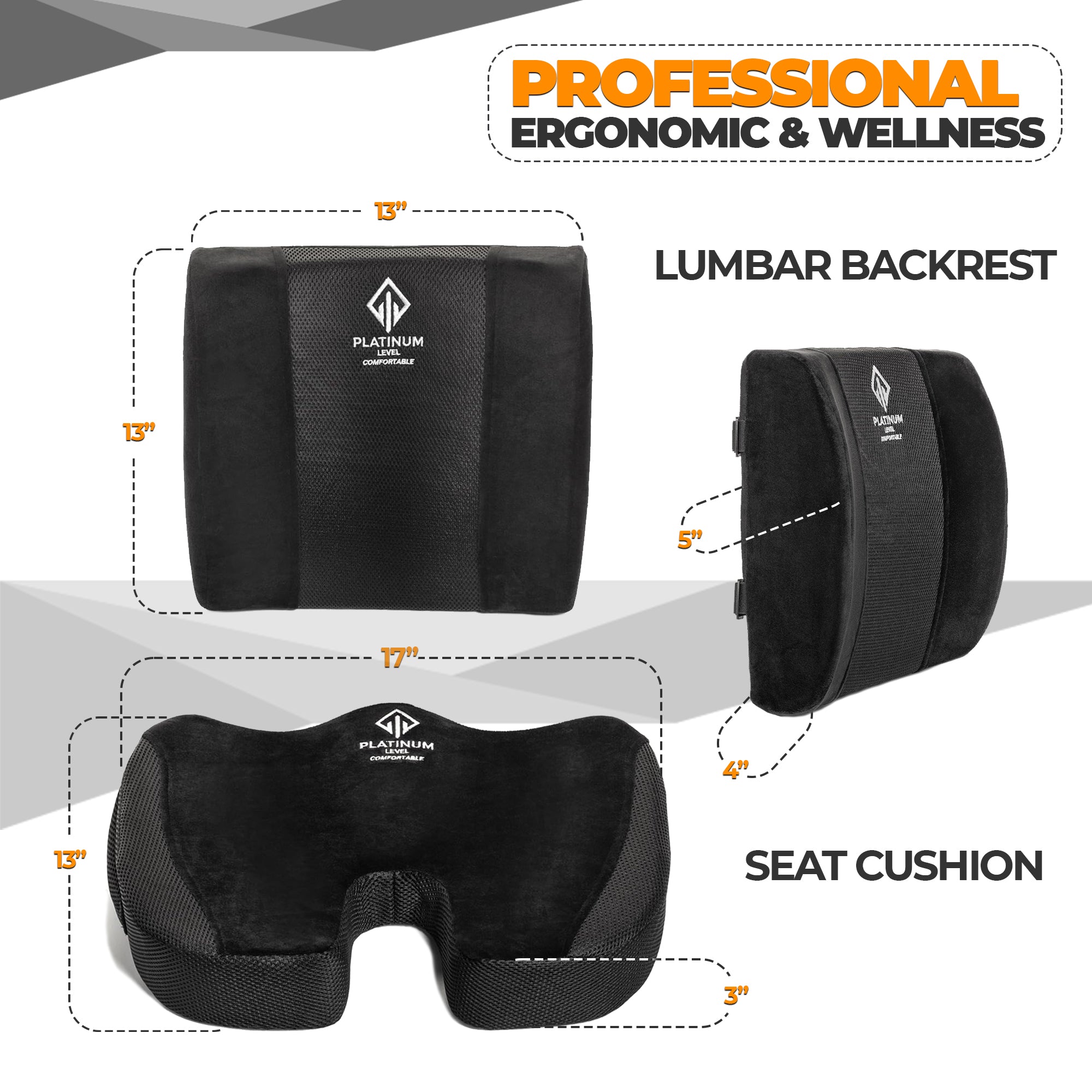 Platinum-Level Comfortable Ergonomic Memory Foam Lumbar and seat cushion set for ultimate back and tailbone relief.