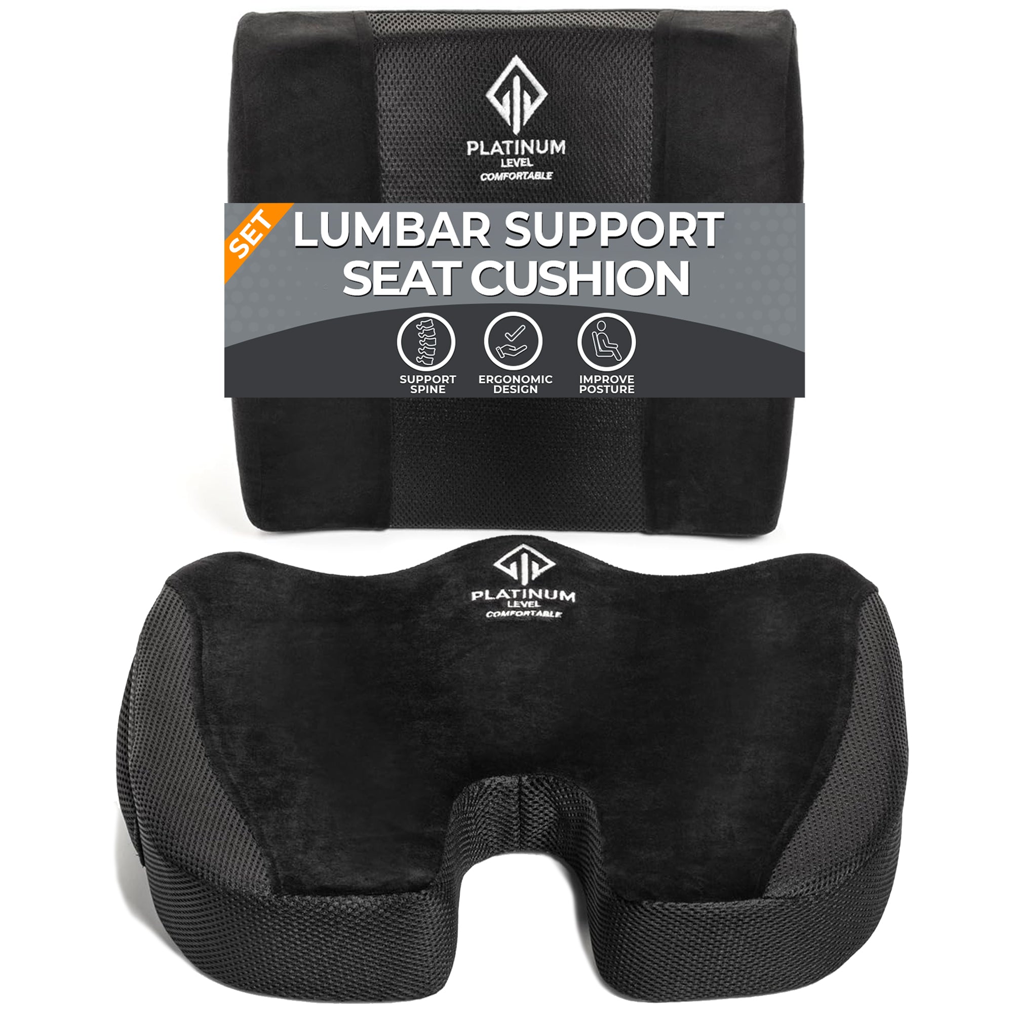 Platinum-Level Comfortable Ergonomic Memory Foam Lumbar and seat cushion set for ultimate back support and pain relief.