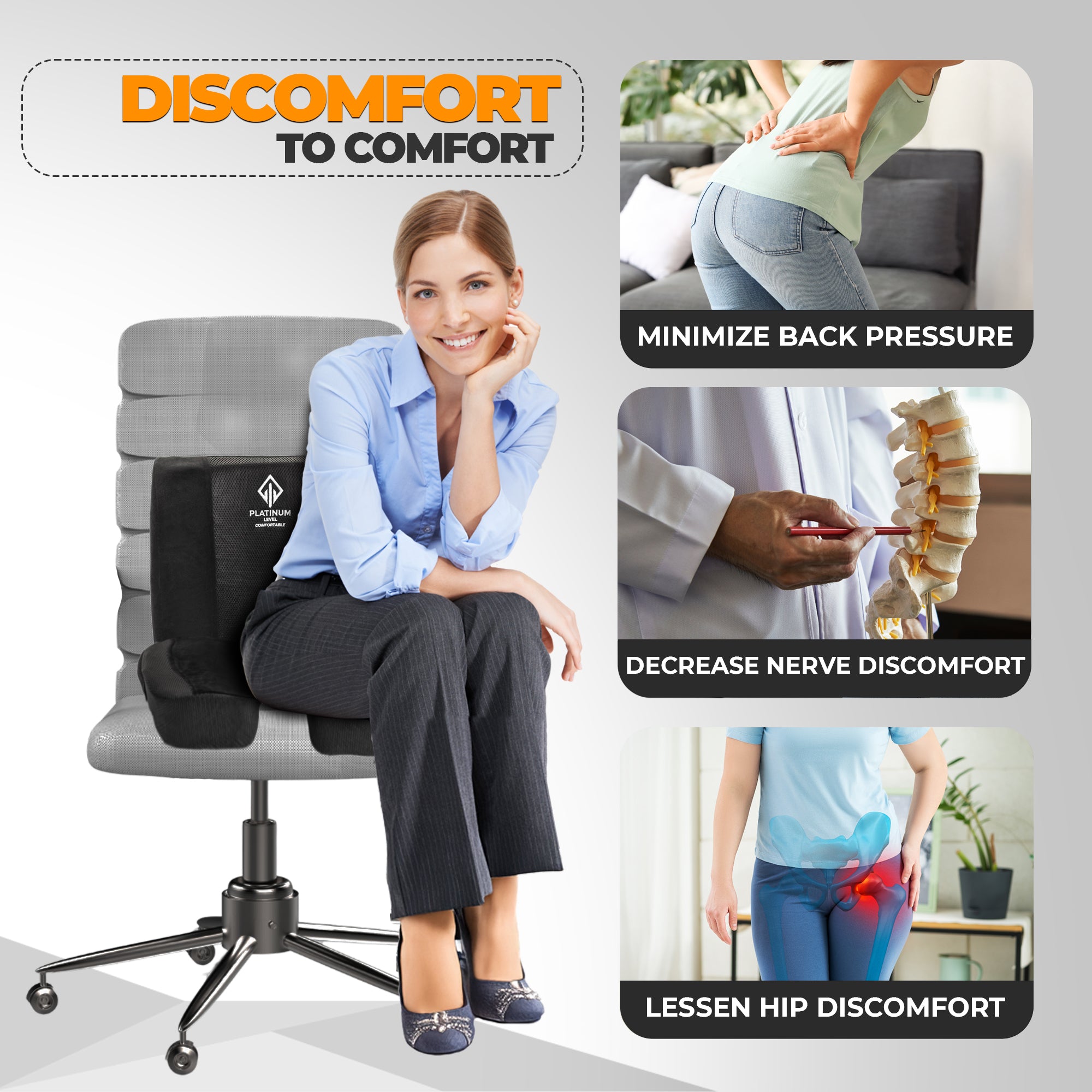 Enhance your seating with Platinum-Level Comfortable Ergonomic Memory Foam Lumbar and Seat Cushion for pain relief.