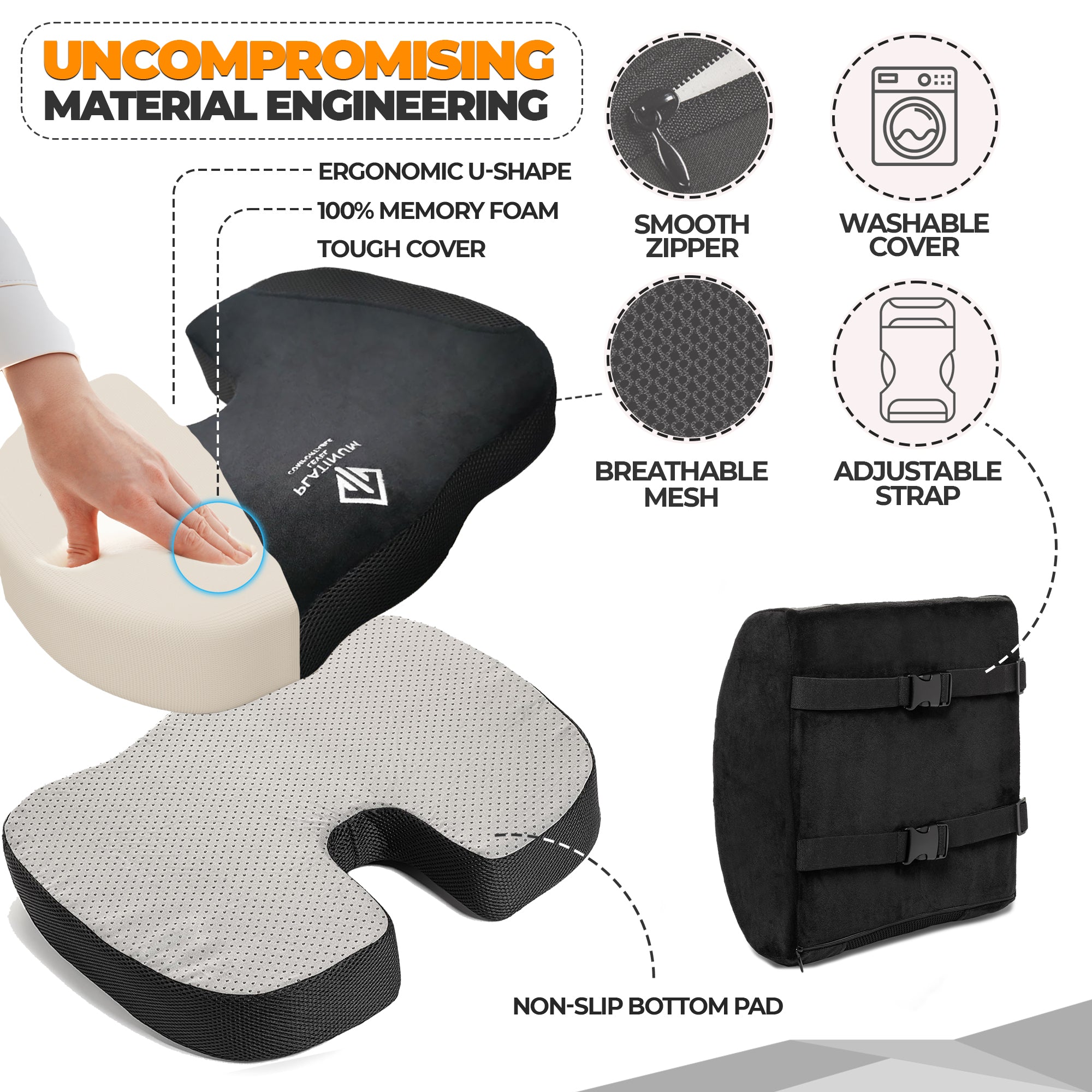 Platinum-Level Comfortable Ergonomic Memory Foam Lumbar and seat cushions for back pain relief and ultimate comfort.