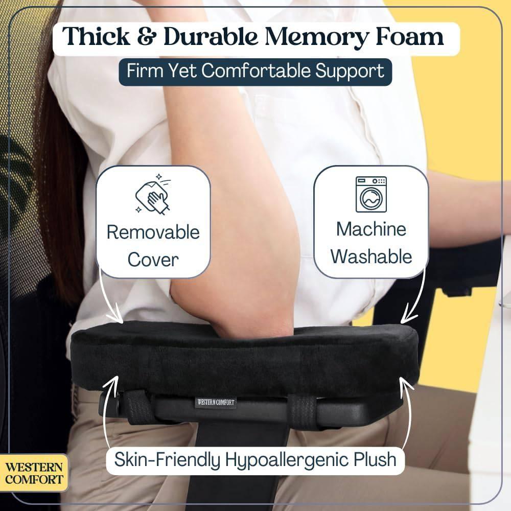 WESTERN COMFORT Thick Memory Foam Chair Armrest Pads - Desk Chair Arm Set of 2, Comfortable Elbow Support with Machine Washable Covers - Platinum-Level Office Chairs