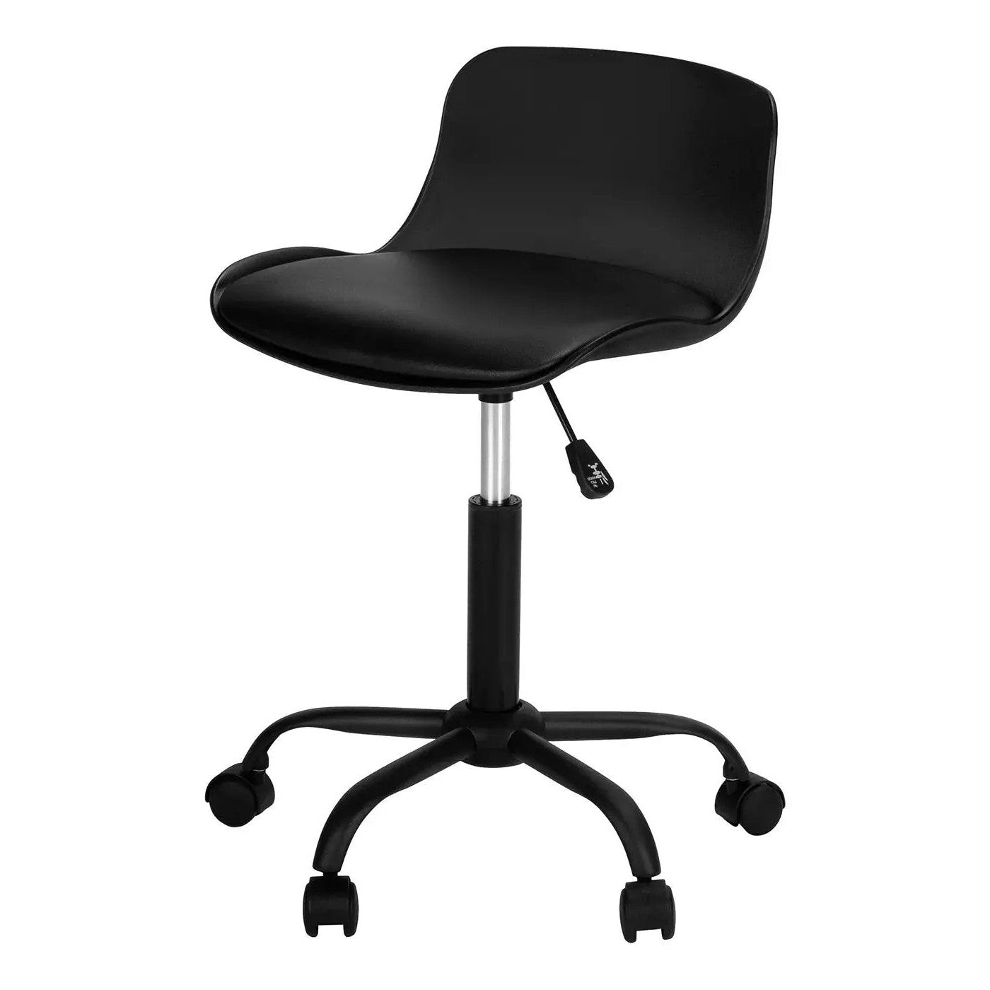 Ergonomic office chair with adjustable height, swivel base, and leather-look upholstery, designed for comfort and support.