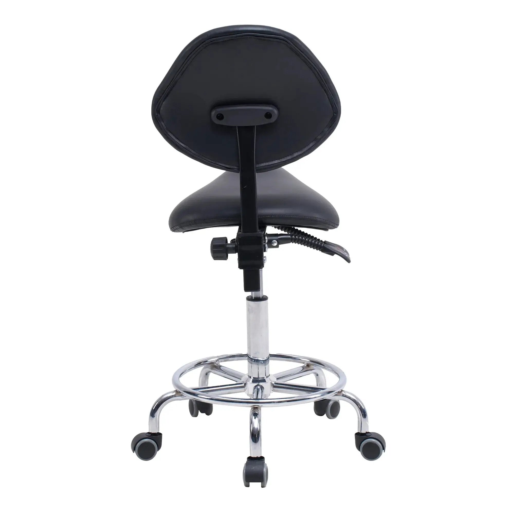 Ergonomic saddle stool chair with backrest and swivel hydraulic base, designed for dental office use by Platinum-Level Office Chairs.