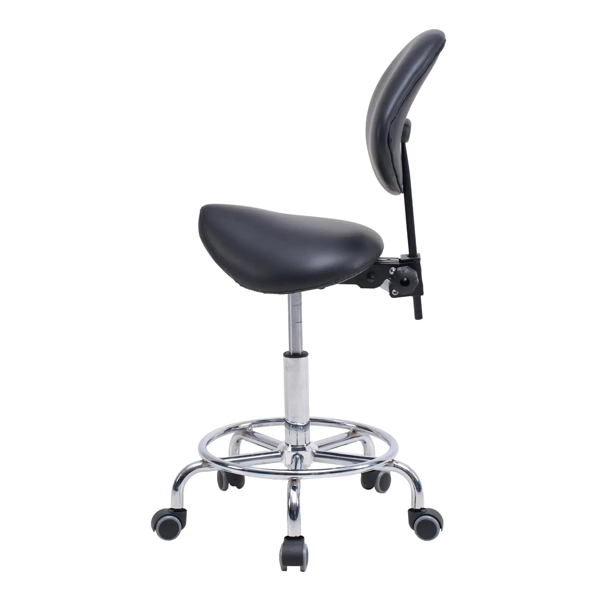 Ergonomic saddle stool chair with backrest and swivel hydraulic base, designed for dental and office use by Platinum-Level Office Chairs.
