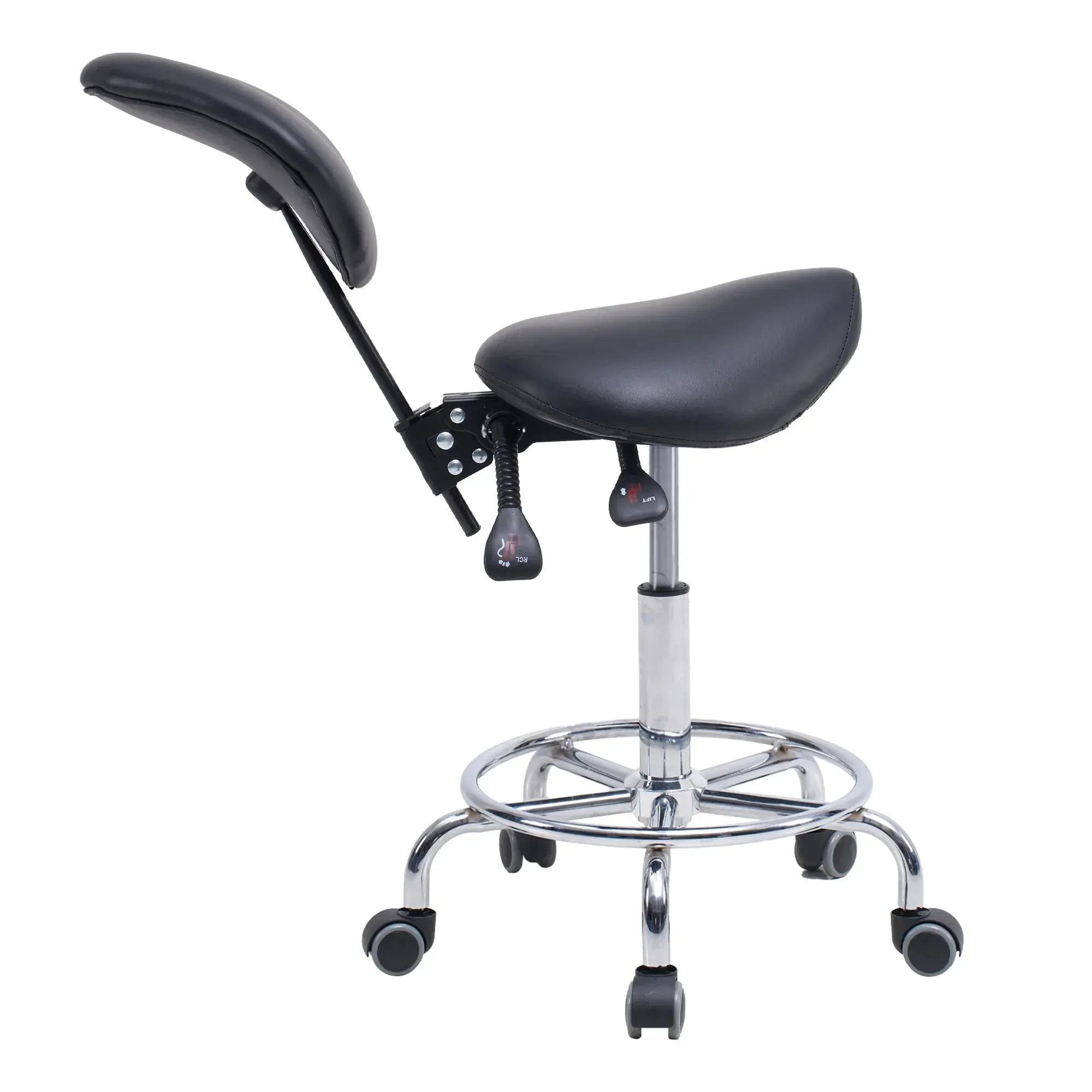 Ergonomic saddle stool chair with backrest, swivel and hydraulic height adjustment, designed for dental office work.