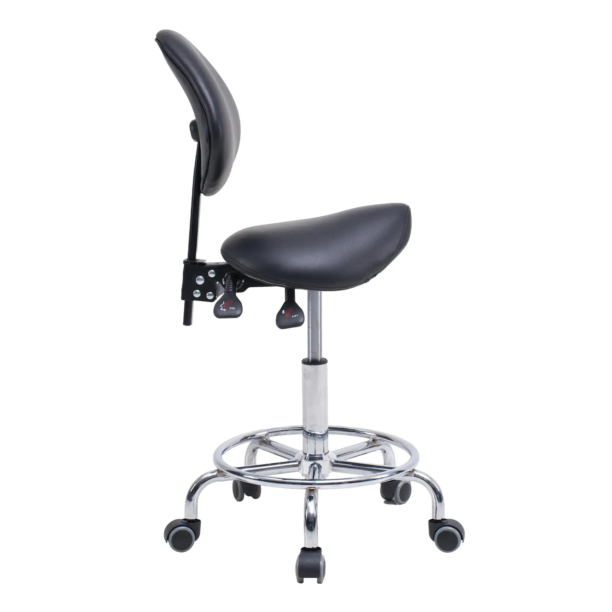 Ergonomic saddle stool chair with backrest and hydraulic swivel, ideal for dental offices by Platinum-Level Office Chairs.