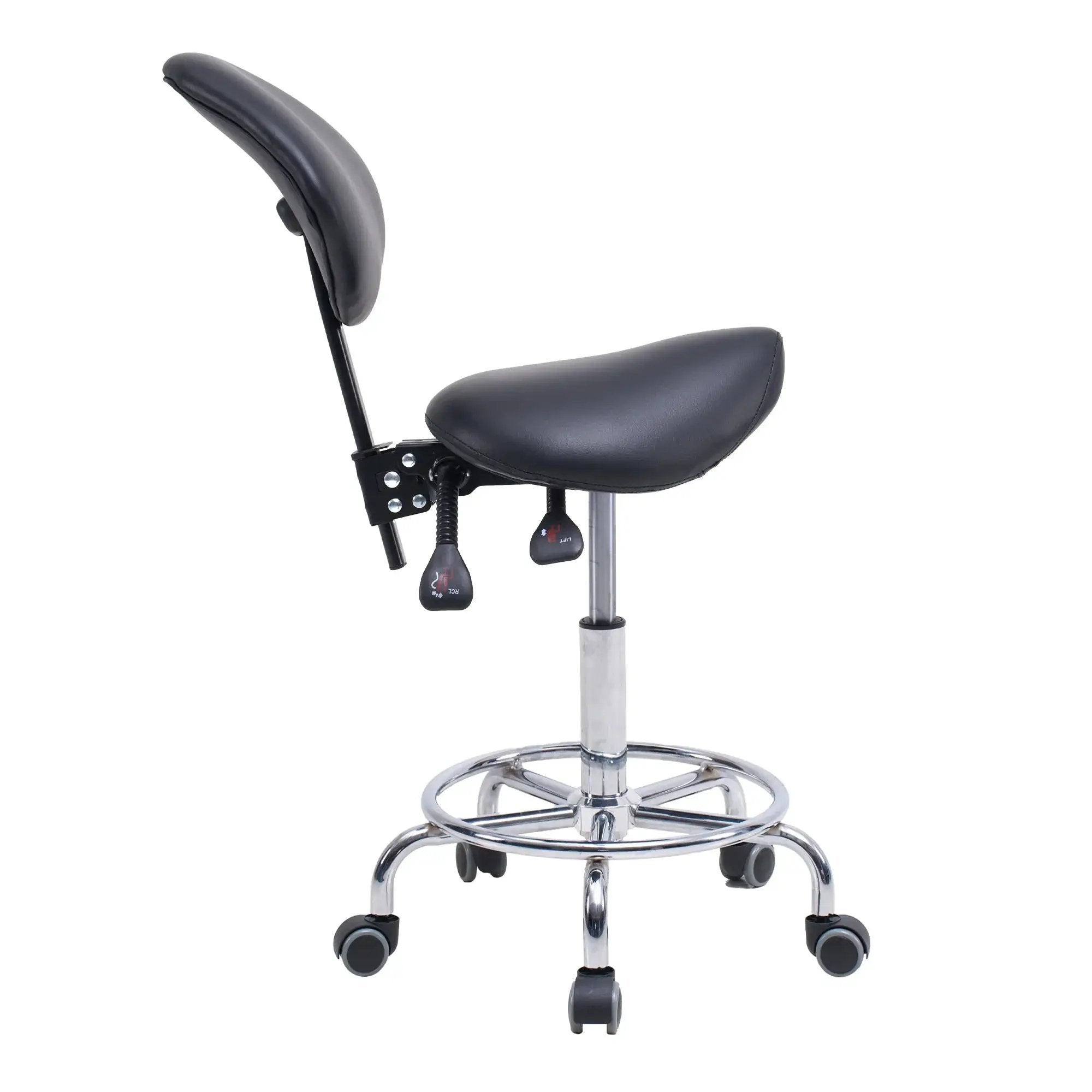 Ergonomic saddle stool chair with backrest and swivel hydraulic base, designed for dental office use by Platinum-Level Office Chairs.