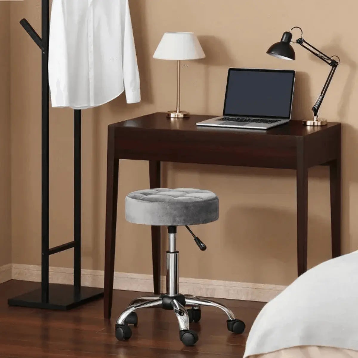 Platinum-Level Office Chairs height adjustable rolling stool with velvet feel cushioned seat and chrome base, suitable for office use.