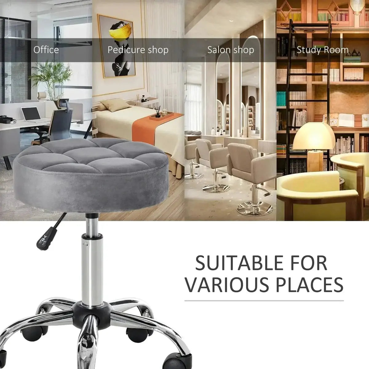 Height adjustable office rolling stool by Platinum-Level Office Chairs with velvet feel cushioned seat and sleek design