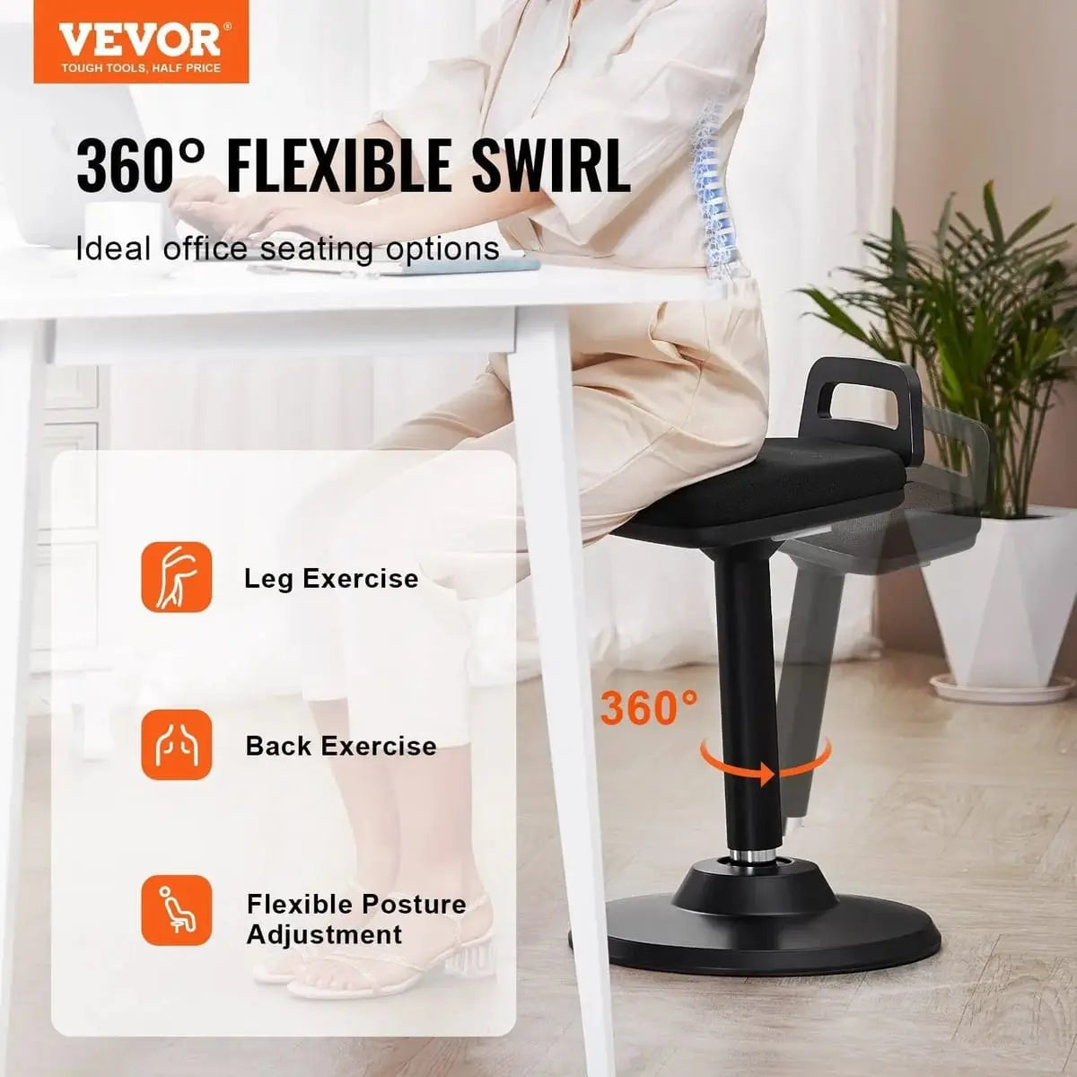 Platinum-Level Office Chairs Dynamic Active Office Stool with height adjustment from 24.6 to 34.4 inches and 360-degree swivel.