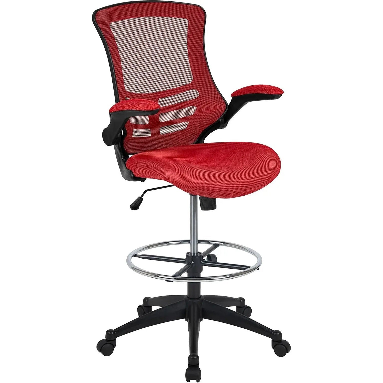Red ergonomic mesh office chair with flip-up armrests and adjustable height by Platinum-Level Office Chairs