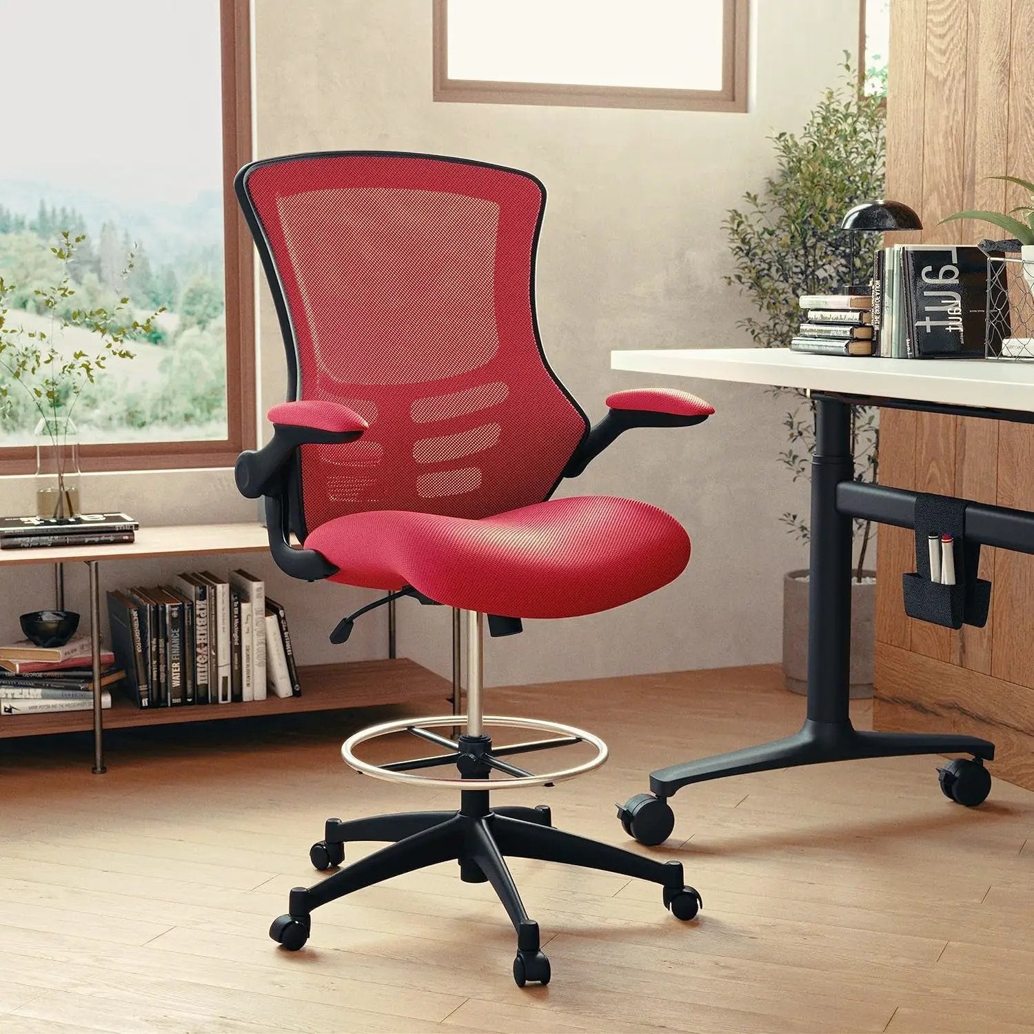 Red ergonomic mesh office chair with flip-up armrests and adjustable height by Platinum-Level Office Chairs