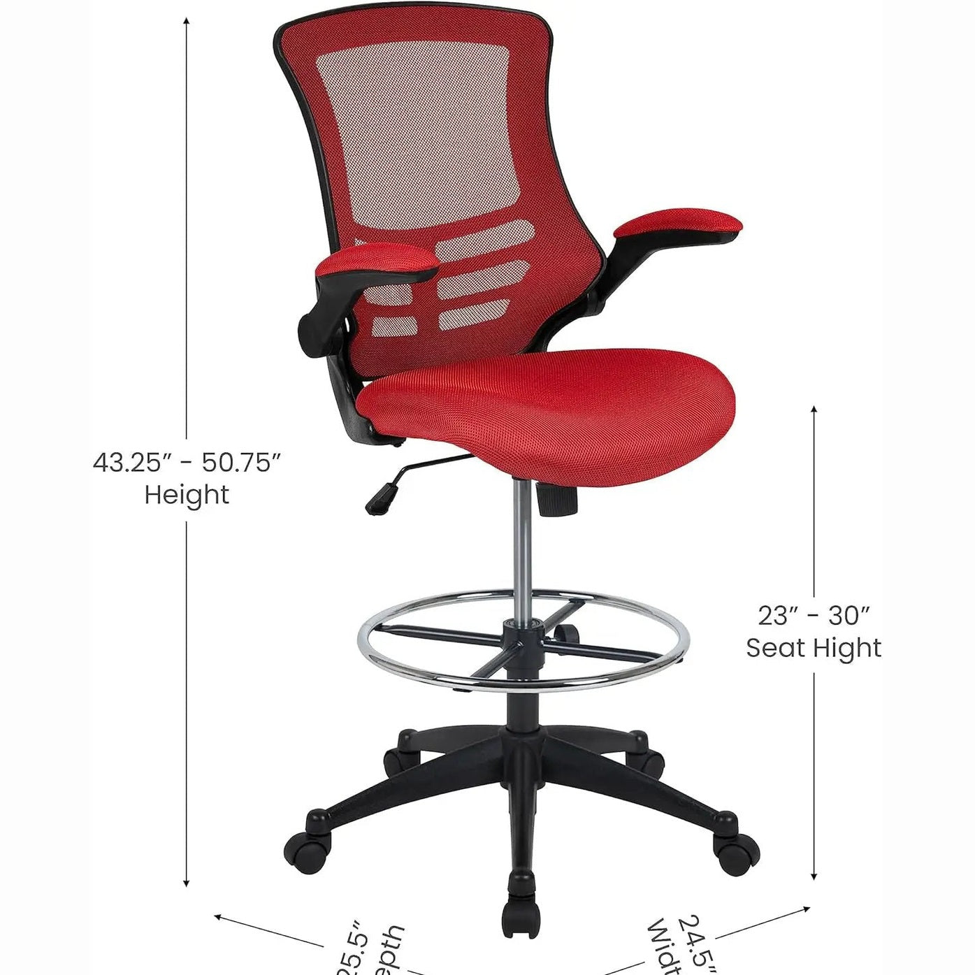 Red ergonomic mesh office chair by Platinum-Level Office Chairs with flip-up armrests and adjustable height for comfort.