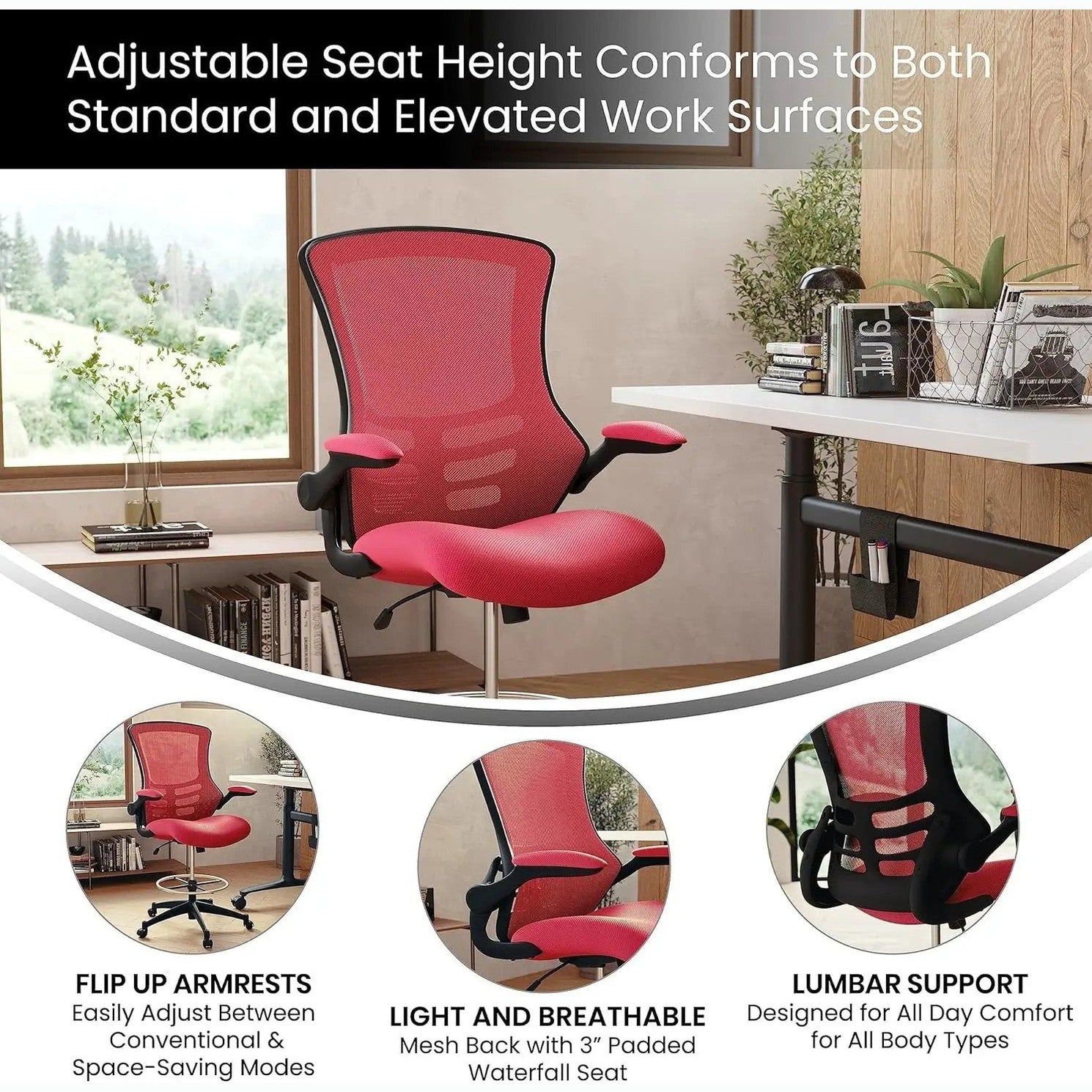 Red ergonomic mesh office chair by Platinum-Level Office Chairs with flip-up armrests and adjustable height.