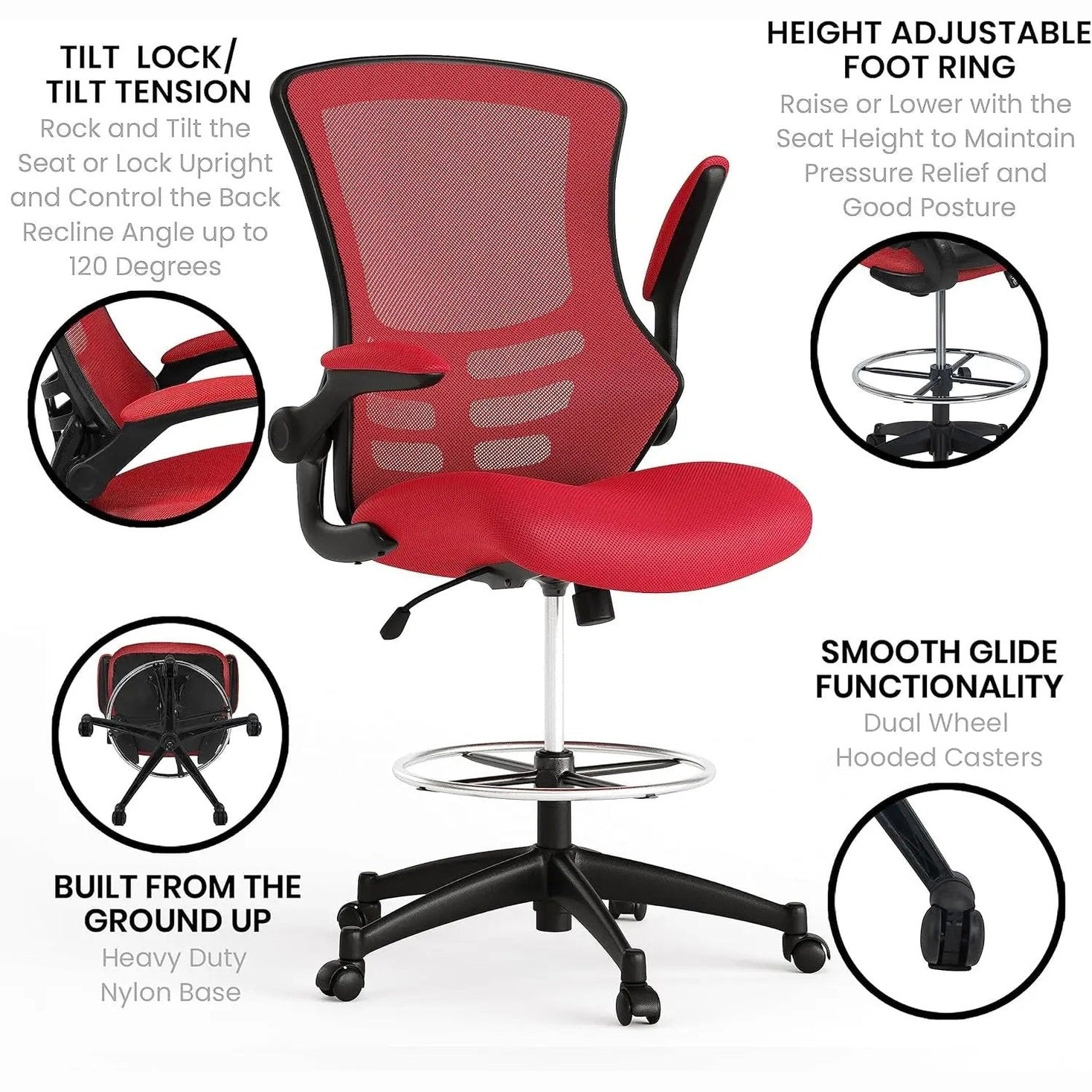 Red ergonomic mesh office chair by Platinum-Level Office Chairs with flip-up armrests and adjustable height.