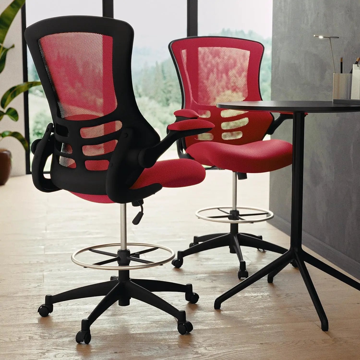 Red ergonomic mesh office chair by Platinum-Level Office Chairs with flip-up armrests and adjustable height for comfort.