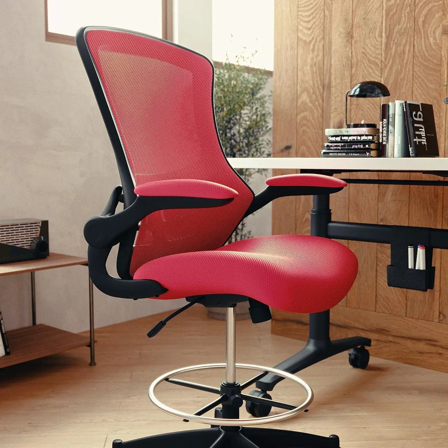Red ergonomic mesh office chair with flip-up armrests and adjustable height from Platinum-Level Office Chairs