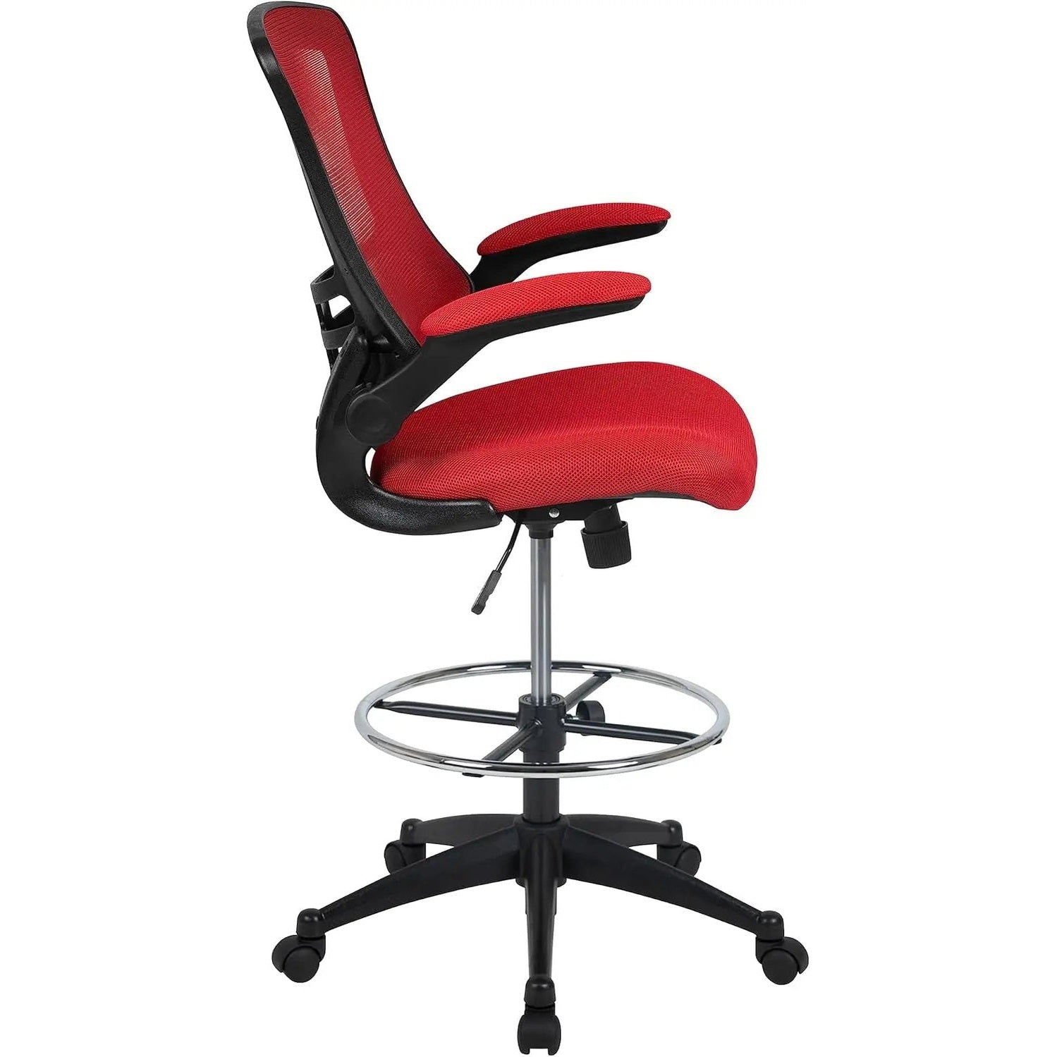 Red ergonomic mesh office chair with flip-up armrests and adjustable height by Platinum-Level Office Chairs.