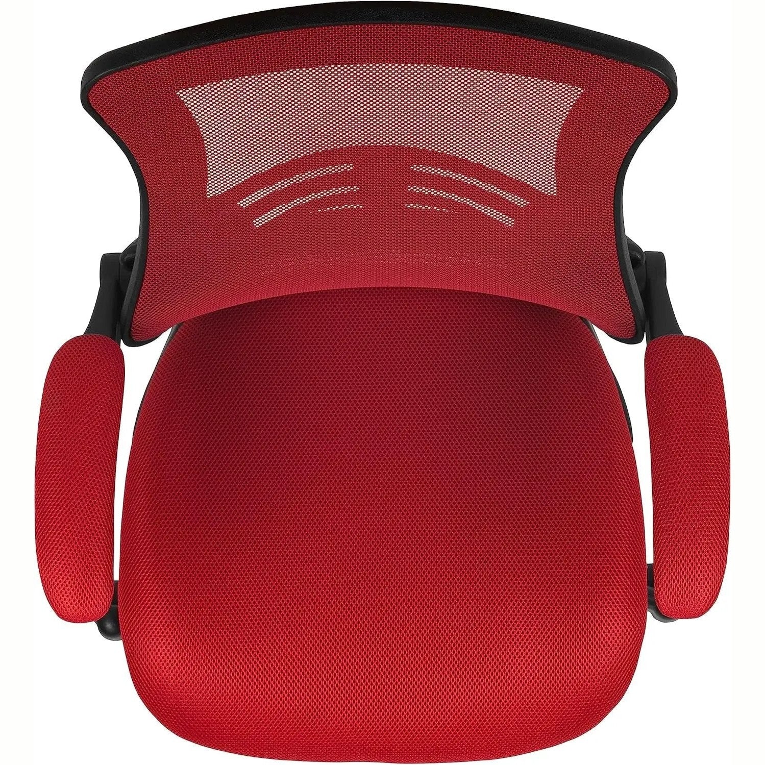 Red ergonomic mesh office chair by Platinum-Level Office Chairs with flip-up armrests and adjustable height for comfort.