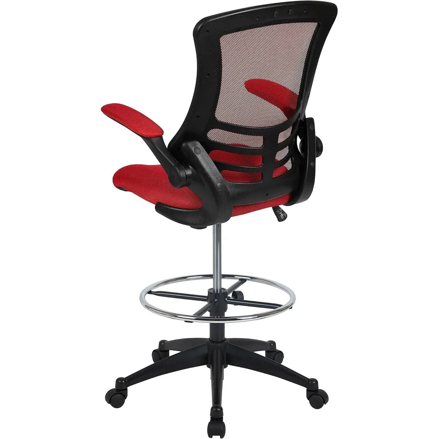 Red ergonomic mesh office chair by Platinum-Level Office Chairs with flip-up armrests and adjustable height for comfort and support.
