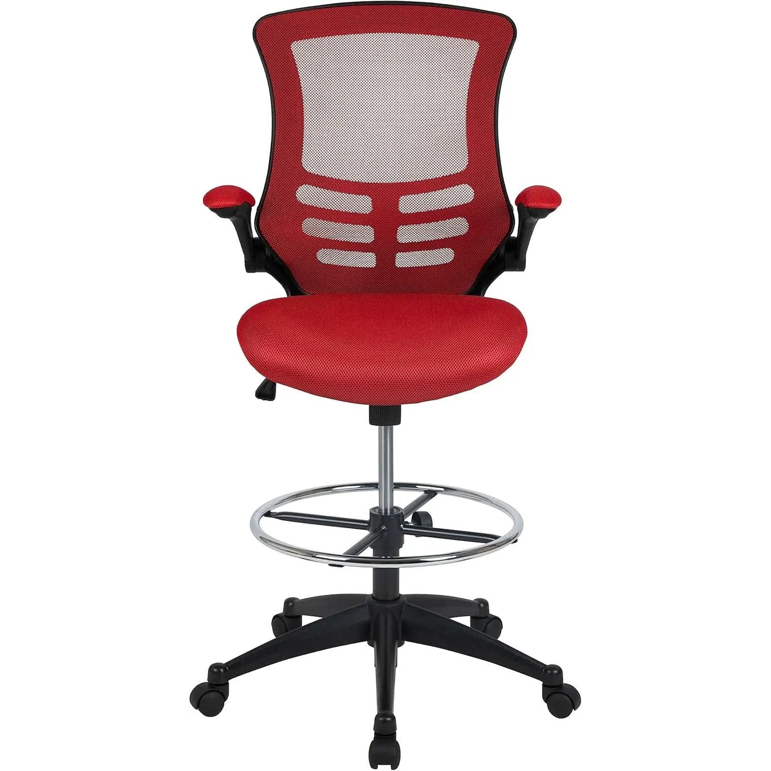 Red ergonomic mesh office chair by Platinum-Level Office Chairs with flip-up armrests and adjustable height.