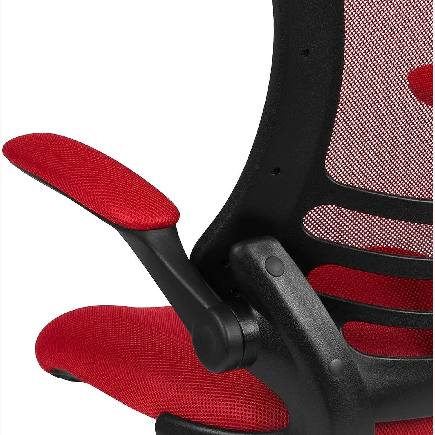 Red ergonomic mesh office chair by Platinum-Level Office Chairs with flip-up armrests and adjustable height for comfort and support.