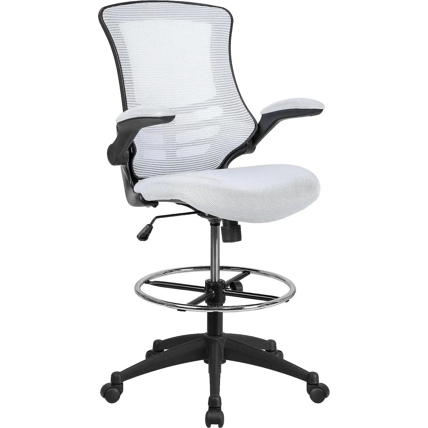 Red ergonomic mesh office chair with flip-up armrests and adjustable height by Platinum-Level Office Chairs.