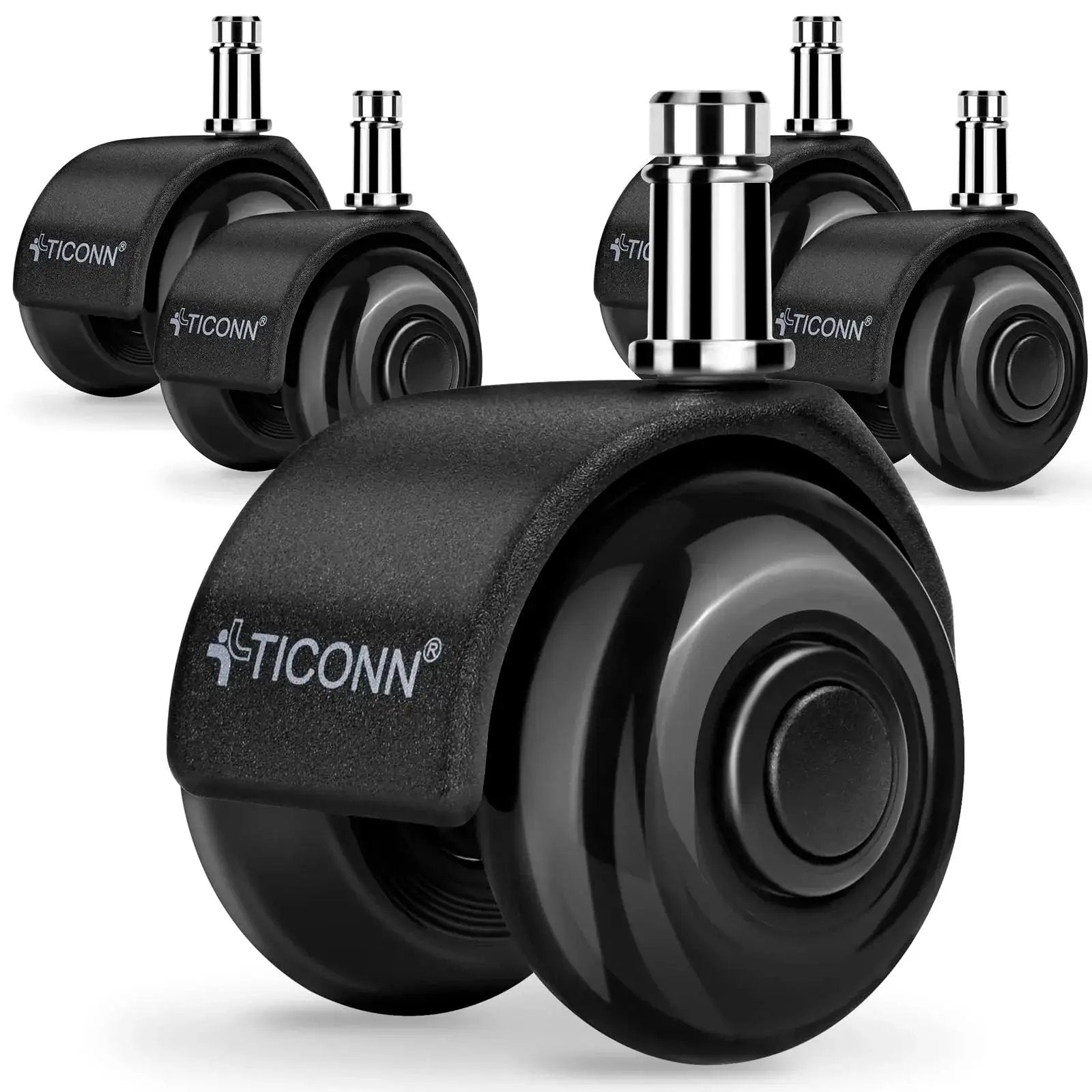 Black office chair caster wheels with quiet 3-inch polyurethane wheels and universal stems, designed for Platinum-Level Office Chairs.