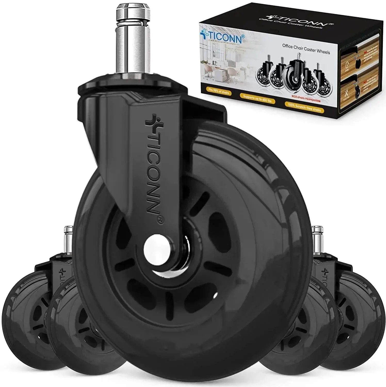 Black office chair caster wheels with quiet 3-inch polyurethane dual-wheel design, universal stem, compatible with Platinum-Level Office Chairs.