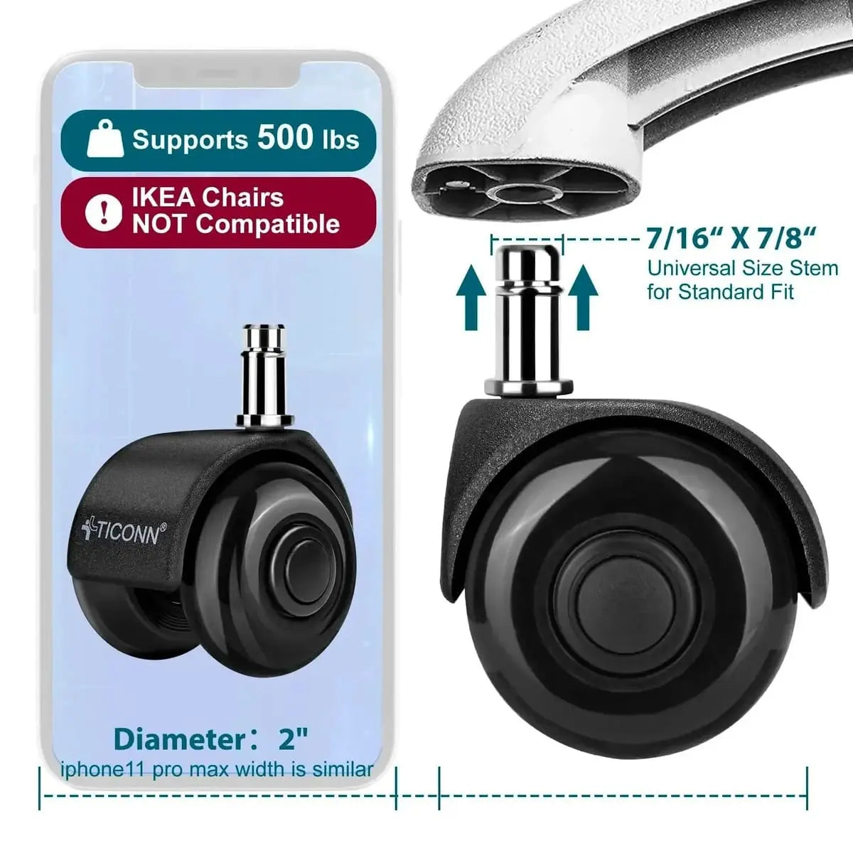 Office Chair Caster Wheels Quiet 3 Inch Polyurethane Universal Stem Platinum-Level Office Chairs