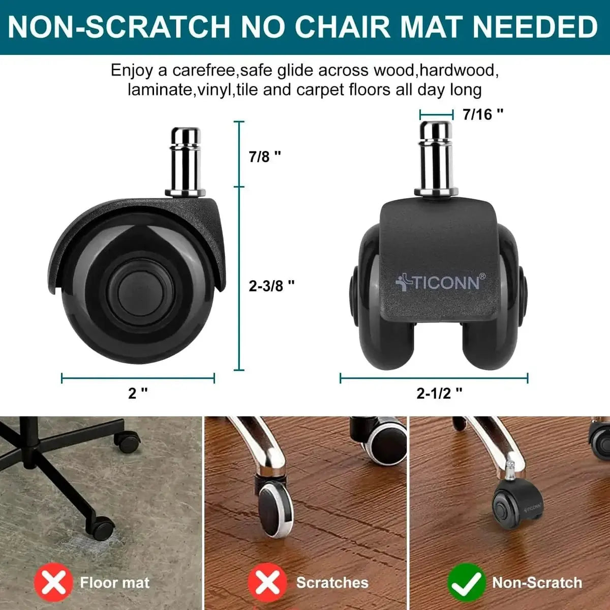 Office Chair Caster Wheels Quiet 3 Inch Polyurethane Universal Stem Platinum-Level Office Chairs