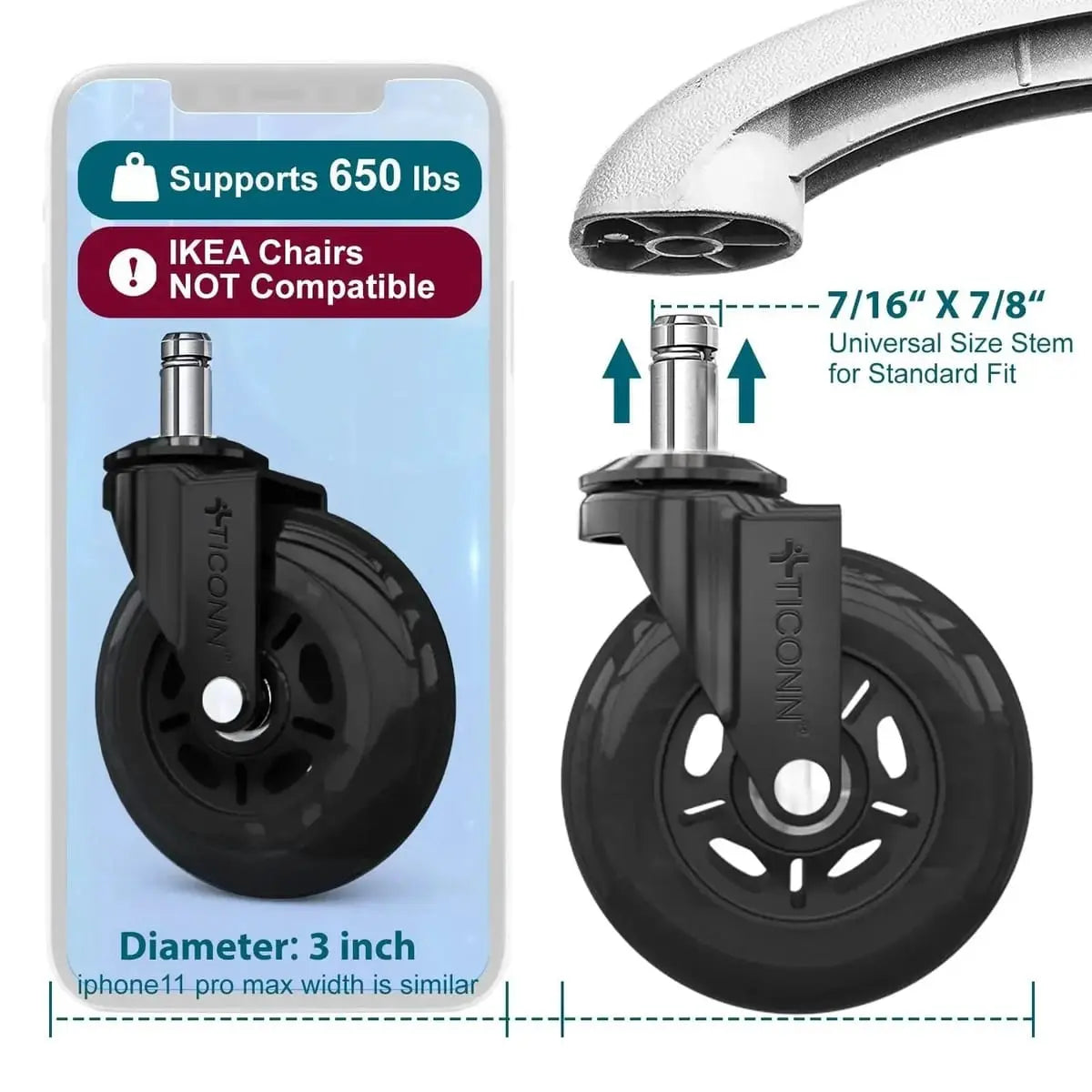 Office Chair Caster Wheels Quiet 3 Inch Polyurethane Universal Stem Platinum-Level Office Chairs