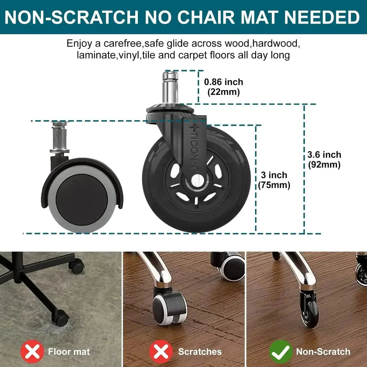 Office Chair Caster Wheels Quiet 3 Inch Polyurethane Universal Stem Platinum-Level Office Chairs