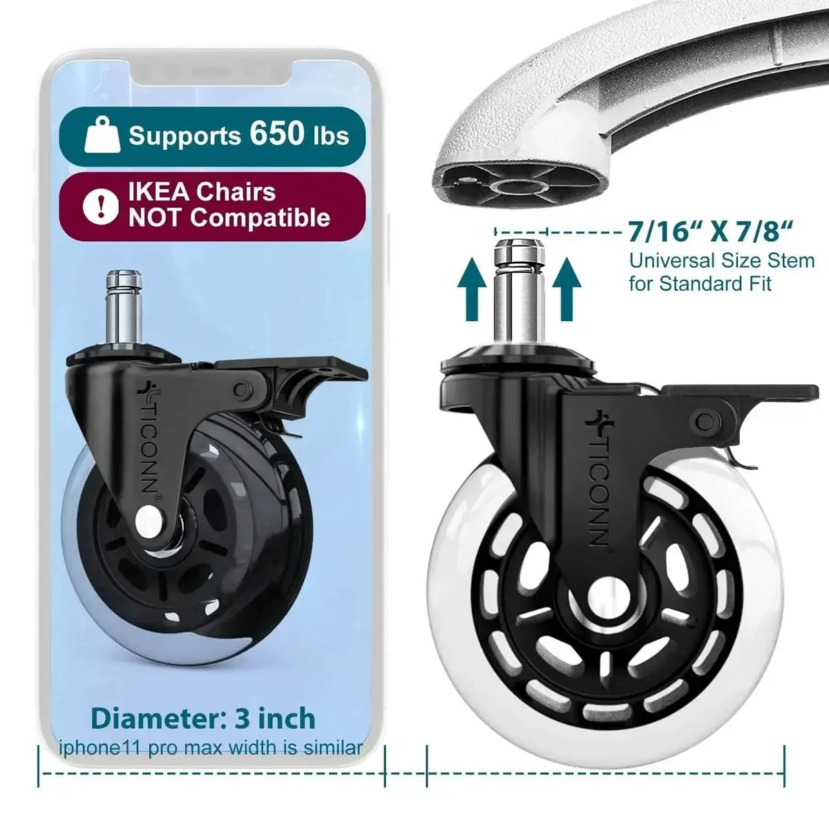 Office Chair Caster Wheels Quiet 3 Inch Polyurethane Universal Stem Platinum-Level Office Chairs