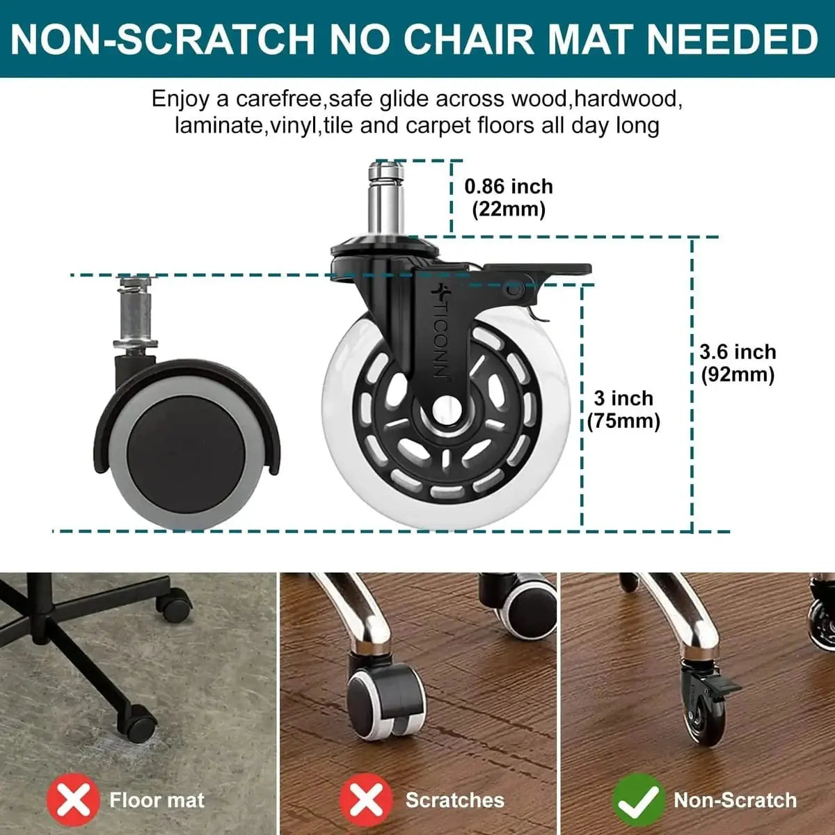 Office Chair Caster Wheels Quiet 3 Inch Polyurethane Universal Stem Platinum-Level Office Chairs